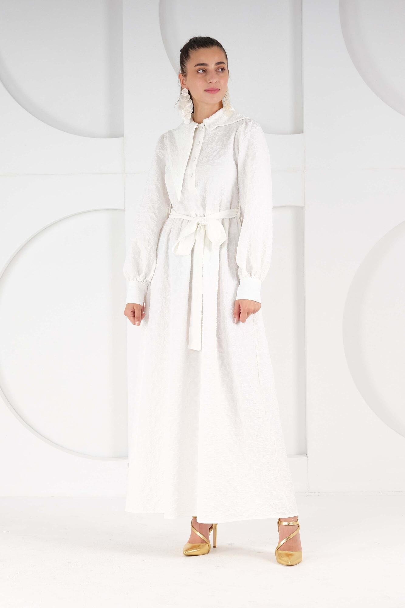 Asymmetric Collared Dress White