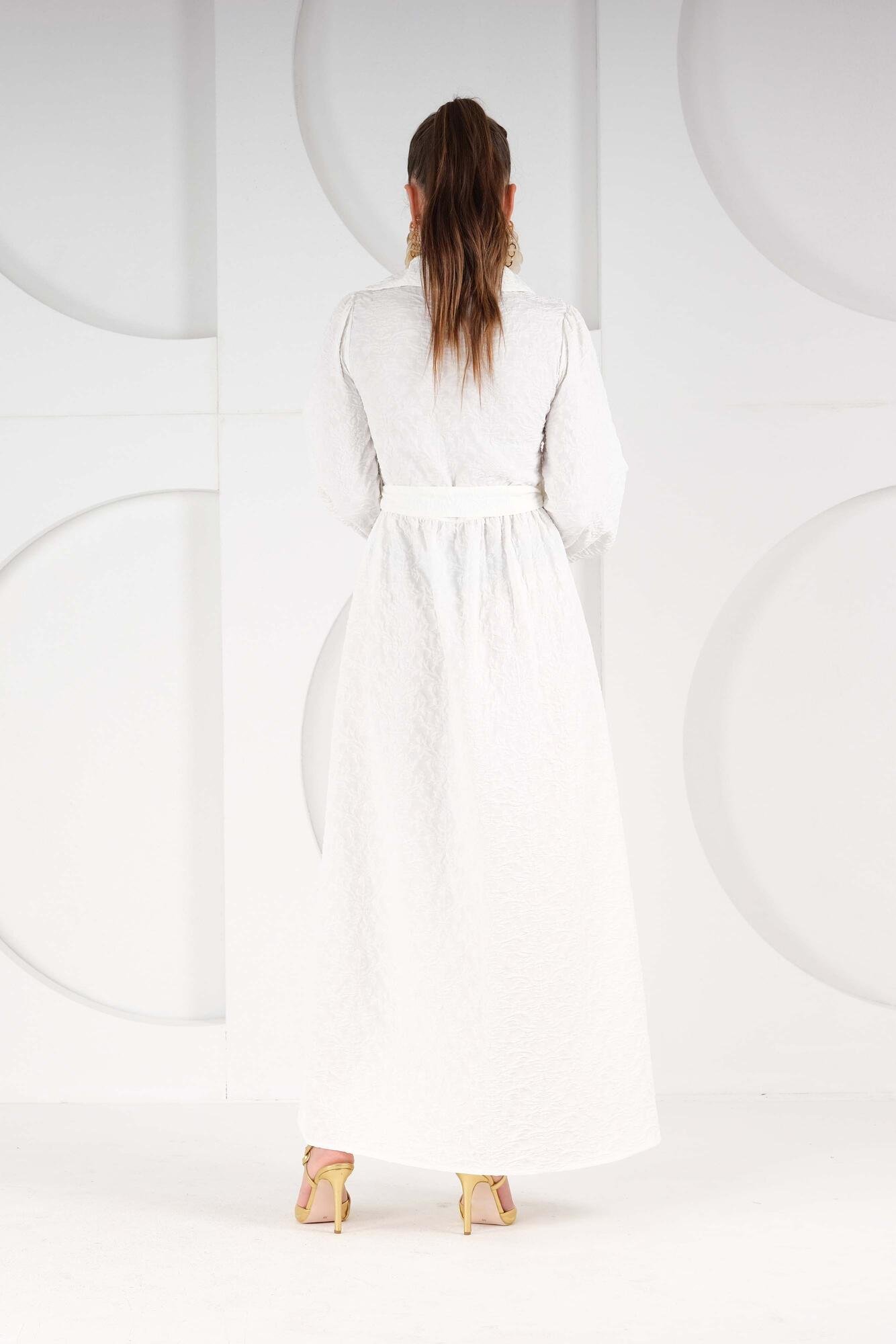 Asimetrik Yakalı Elbise Kırık Beyaz