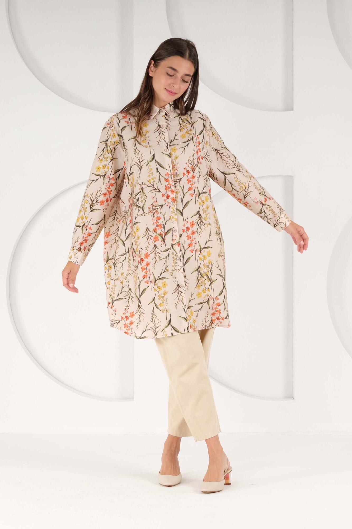 Beige Floral Patterned Tunic