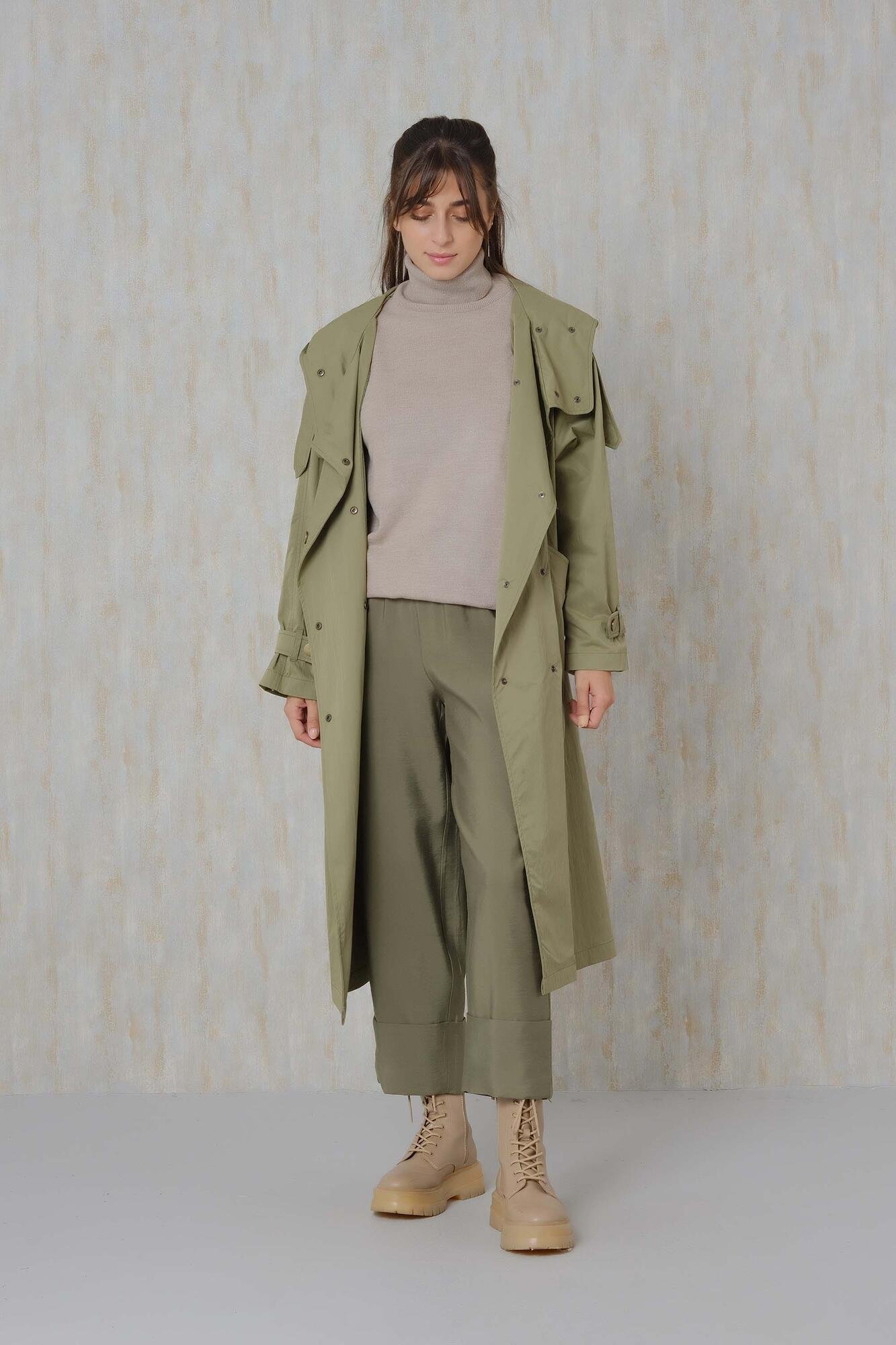 Hooded Long Trench Coat Green 