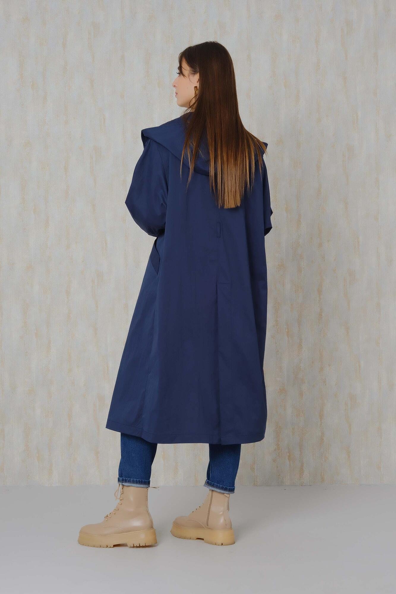 Hooded Long Trench Coat Navy Blue 