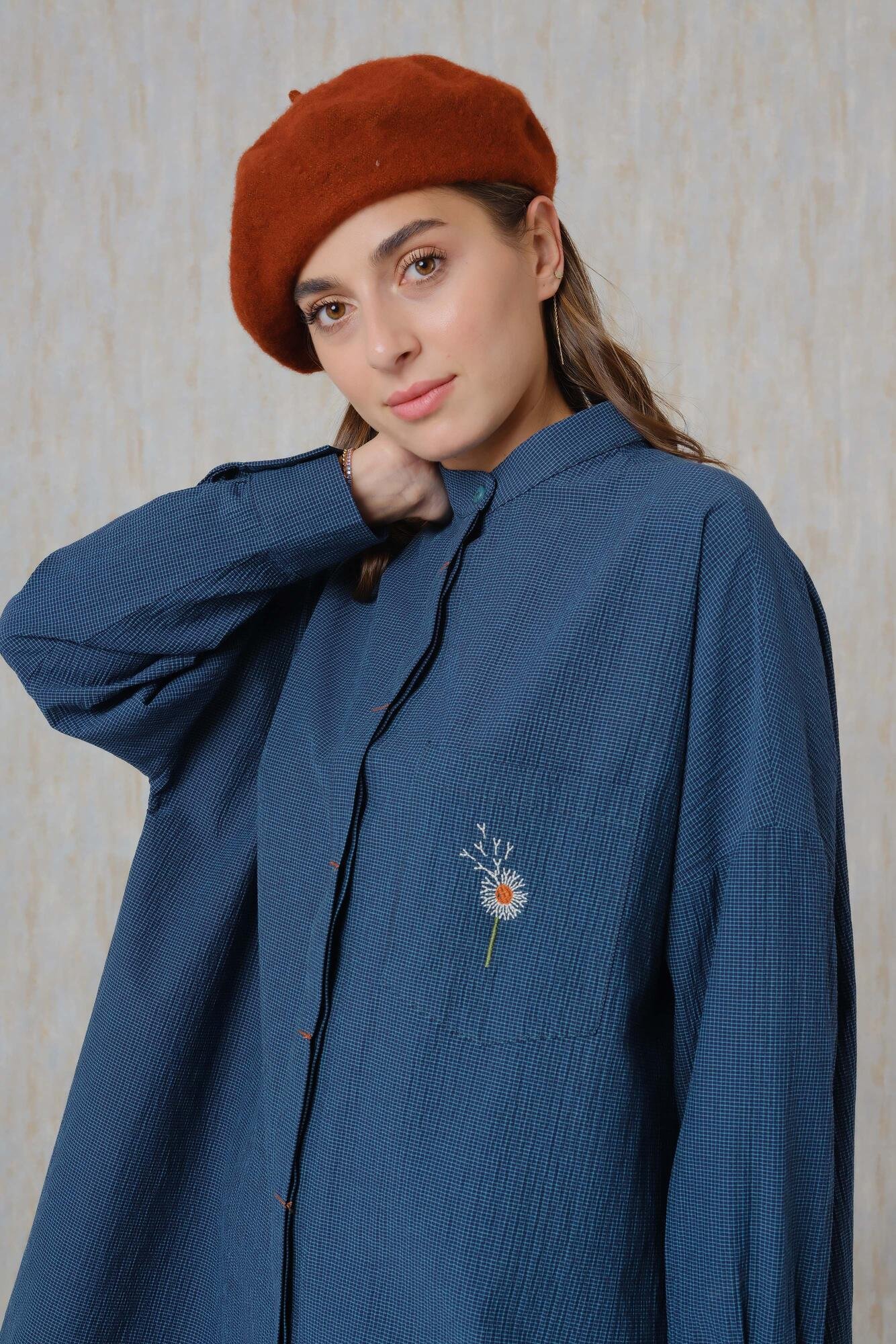 Detail Embroidery Tunic In Navy Blue
