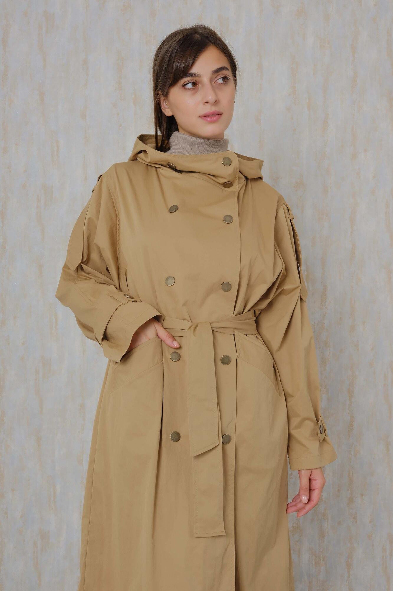 Hooded Long Trench Coat Camel