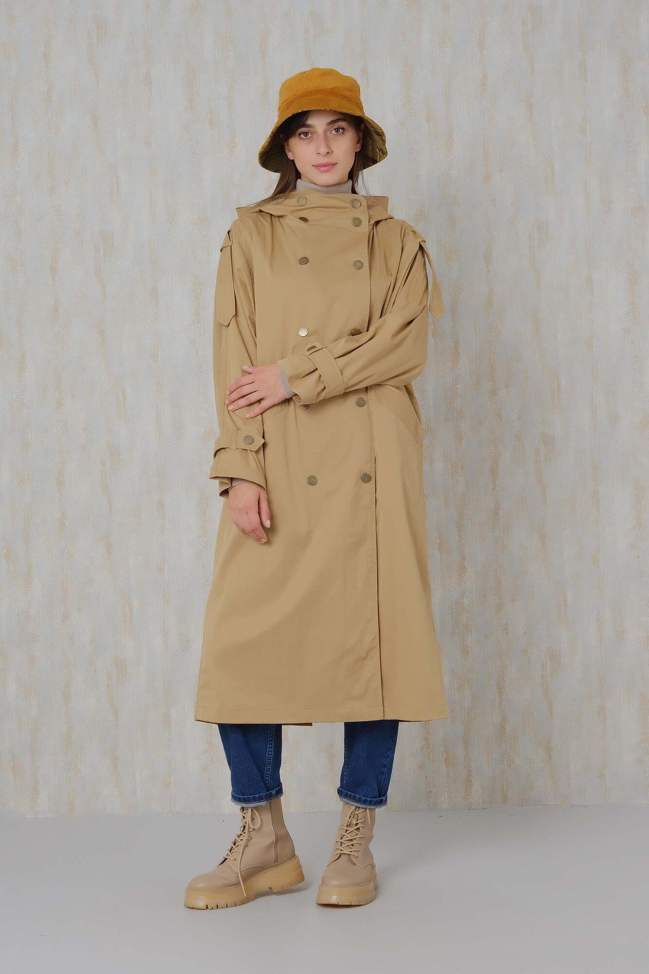Camel Hooded Long Trench Coat