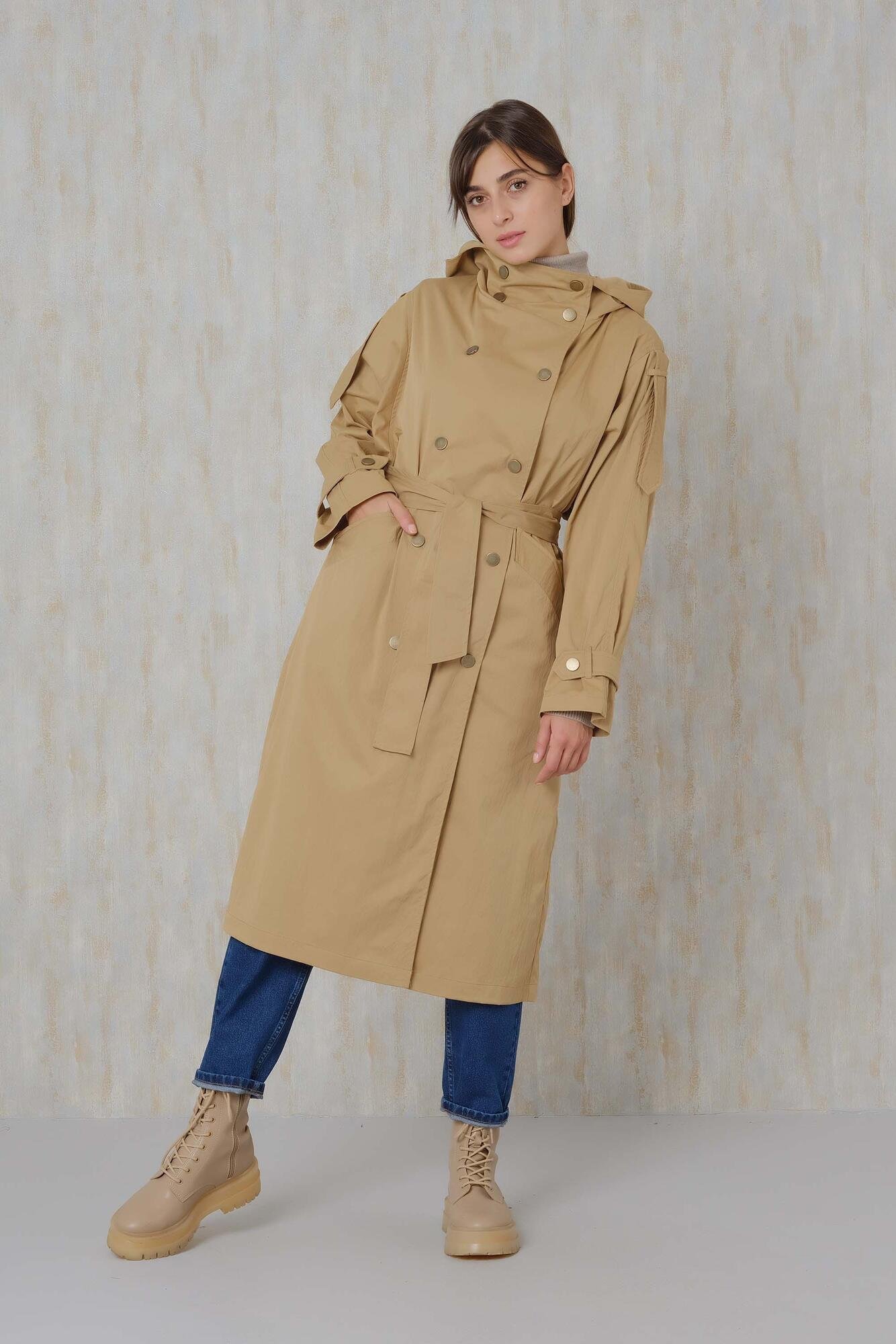 Camel Hooded Long Trench Coat