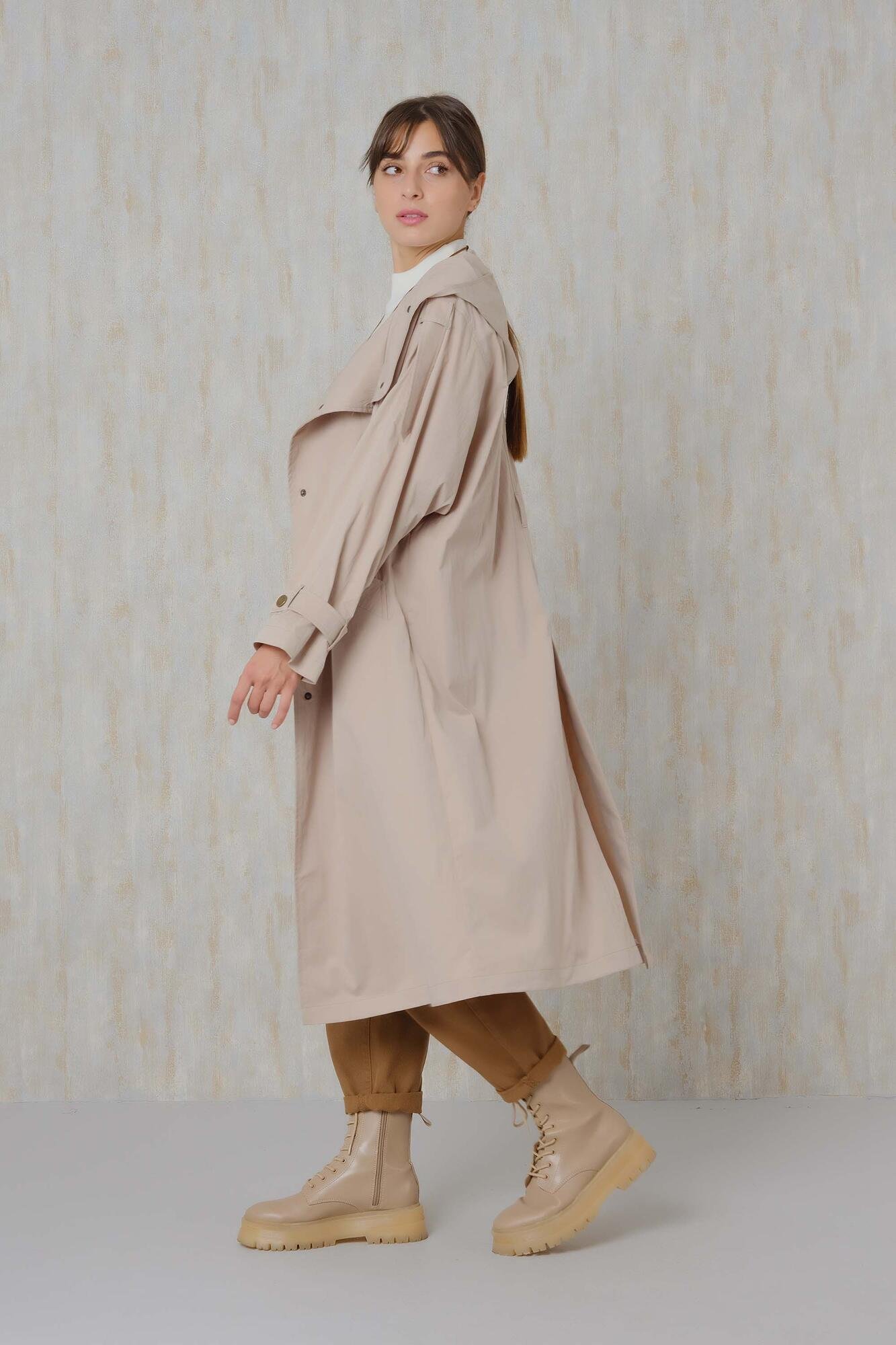 Hooded Long Trench Coat Stone 