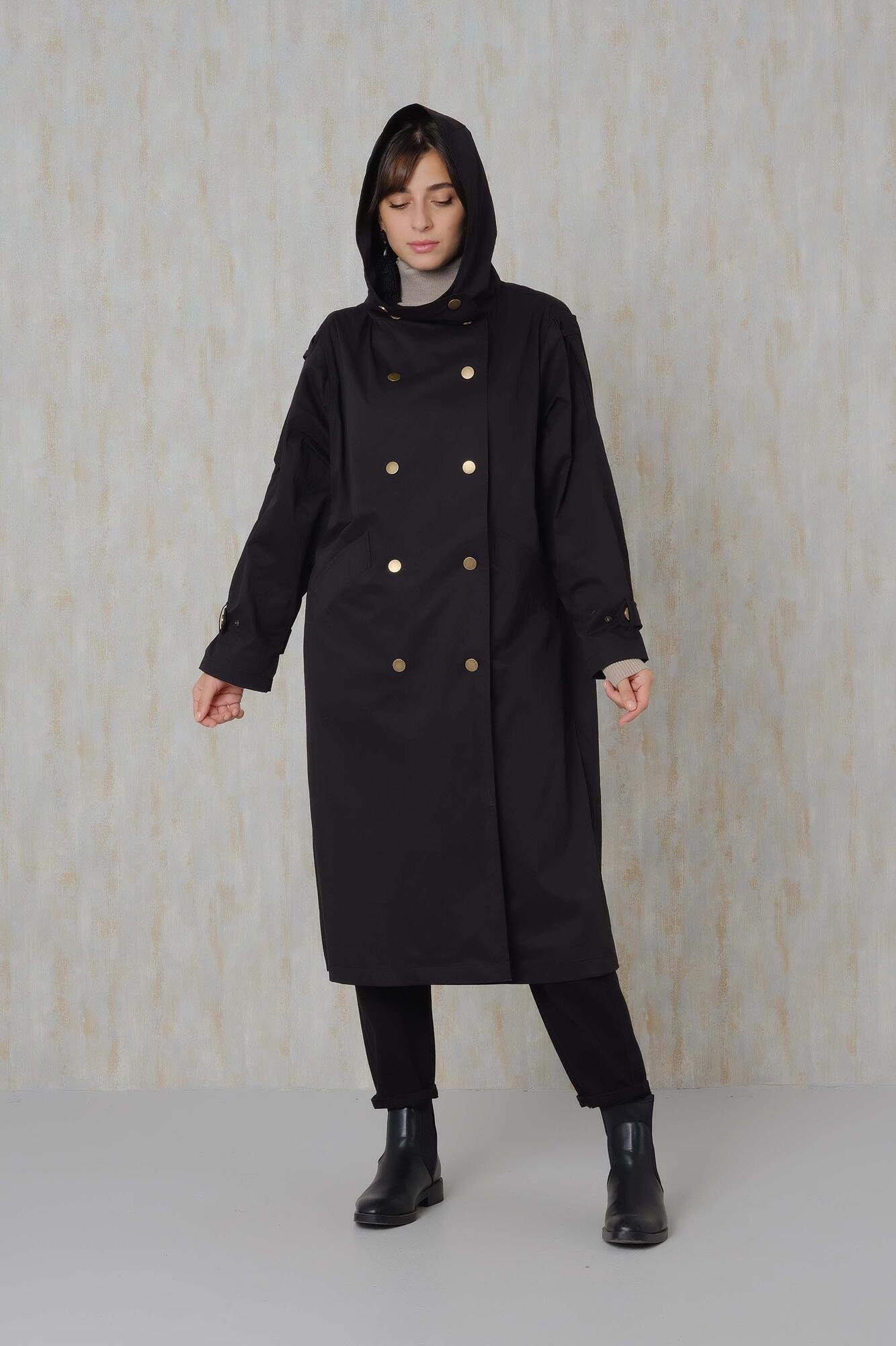 Long Black Hooded Trench Coat