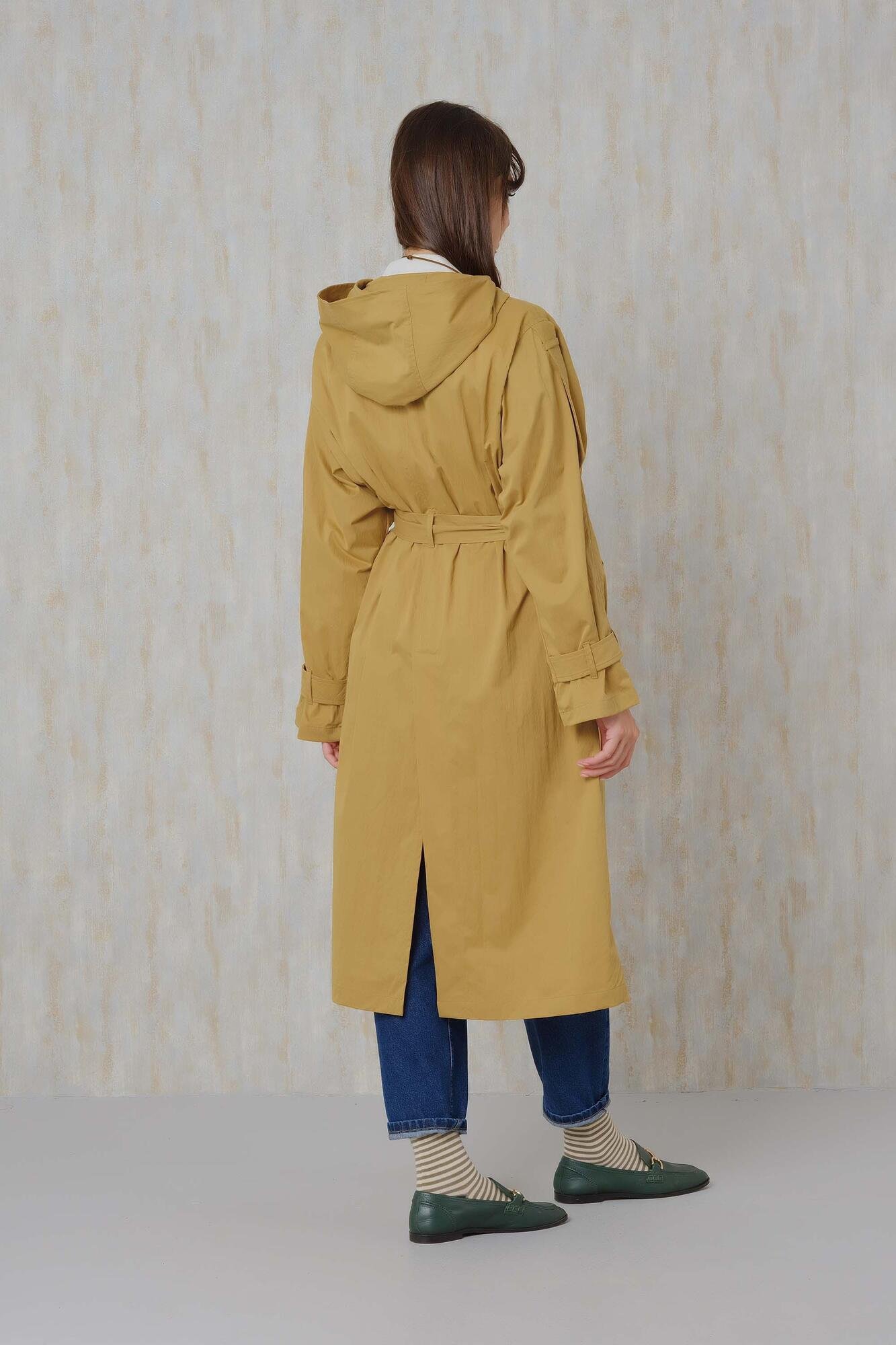 Hooded Long Trench Coat Saffron Yellow 