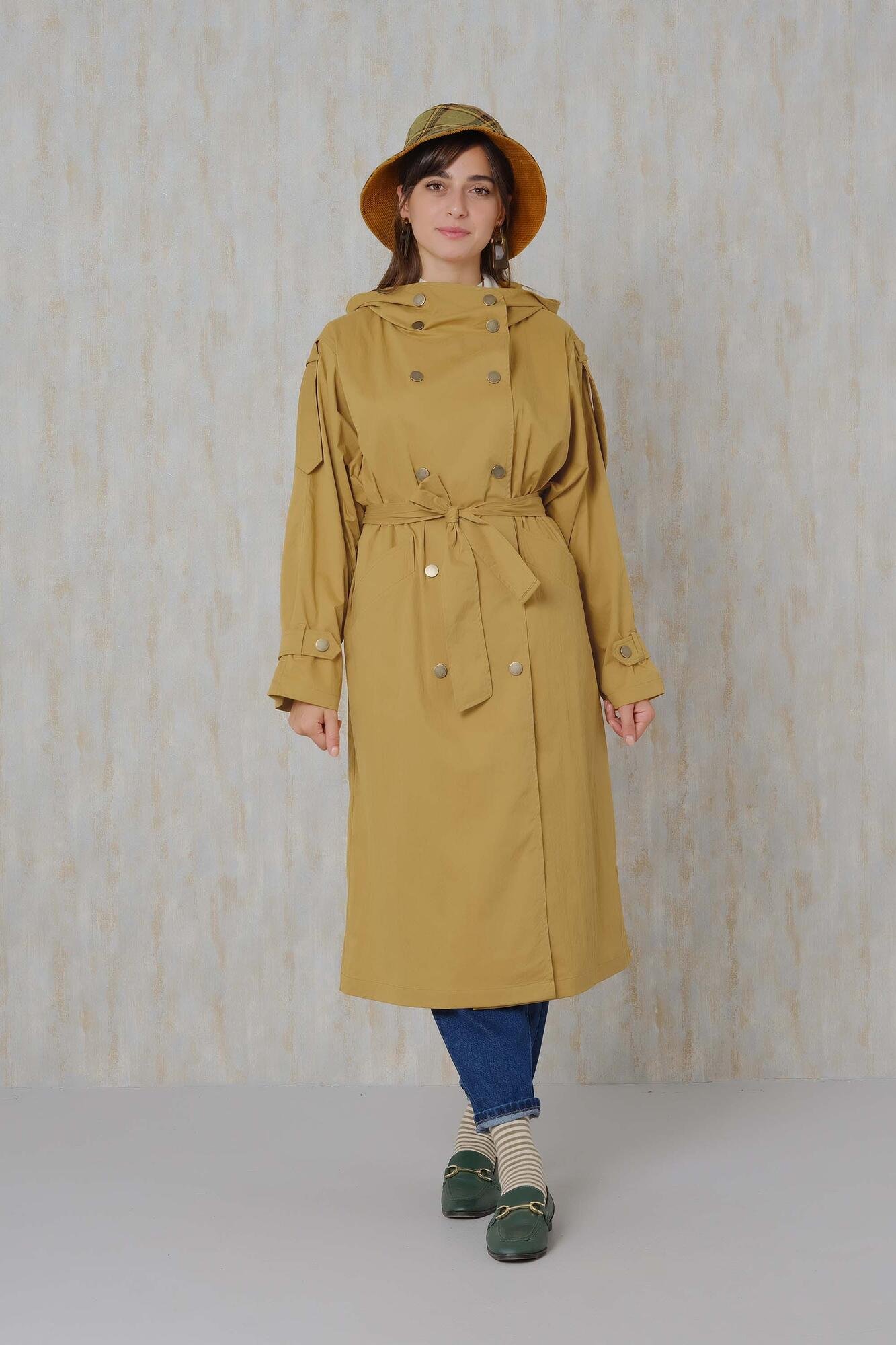 Hooded Long Trench Coat Saffron Yellow 