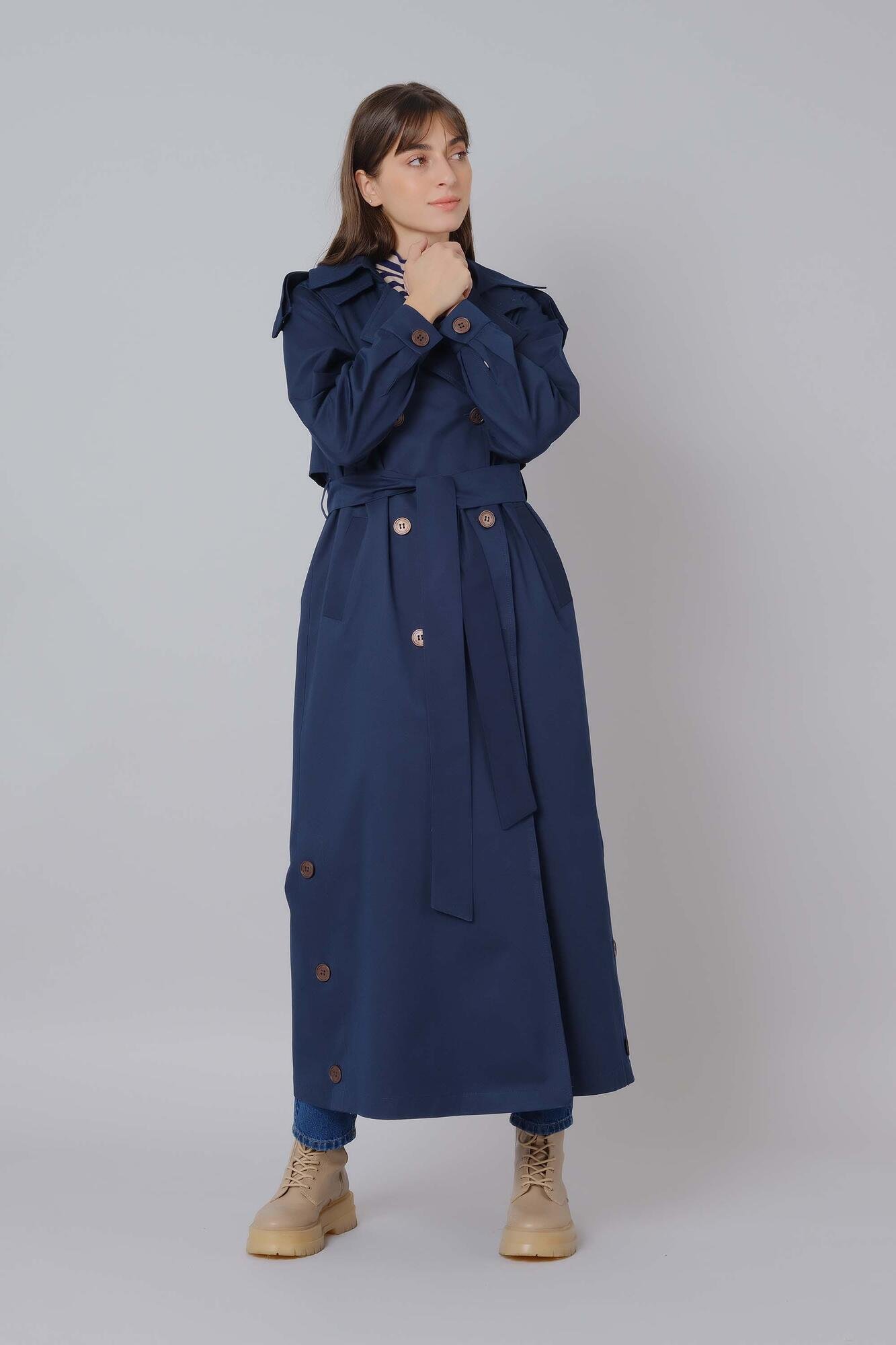 Buttoned Skirt Trench Coat Navy Blue 