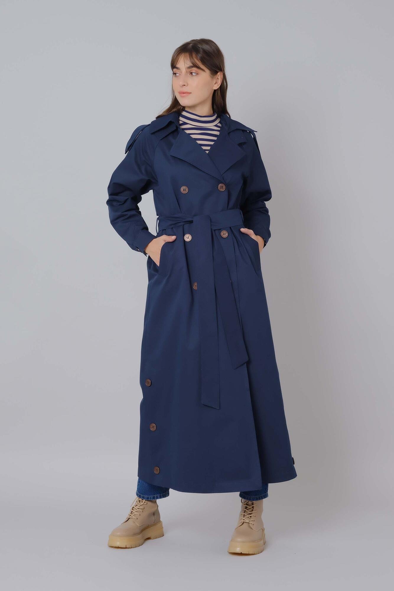 Buttoned Skirt Trench Coat Navy Blue 