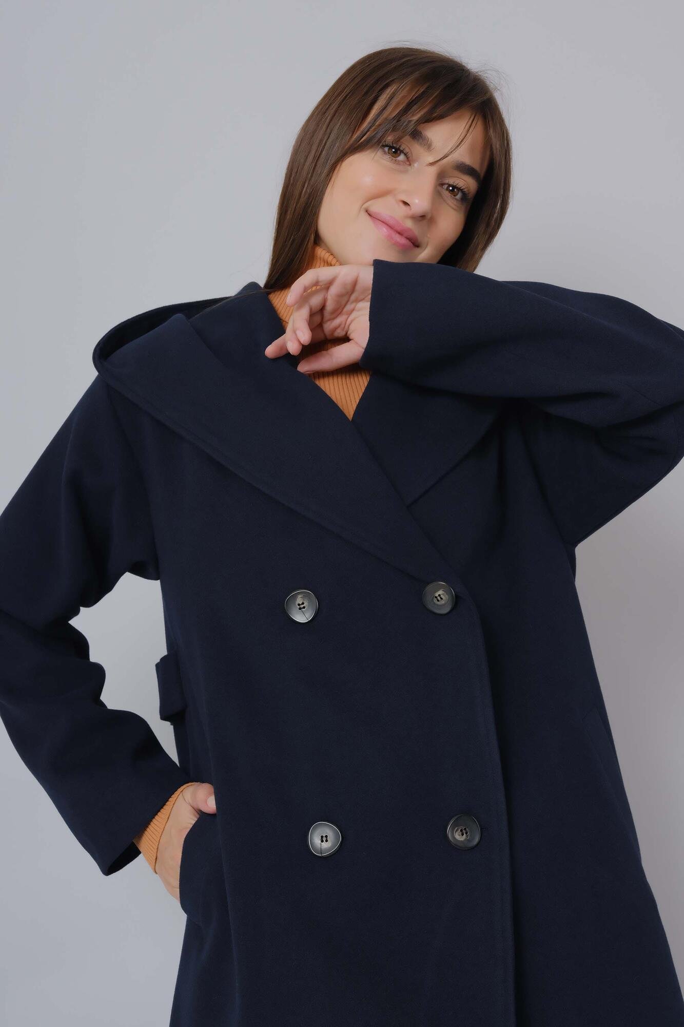 Fleece Coat With Hoodie Navy Blue 