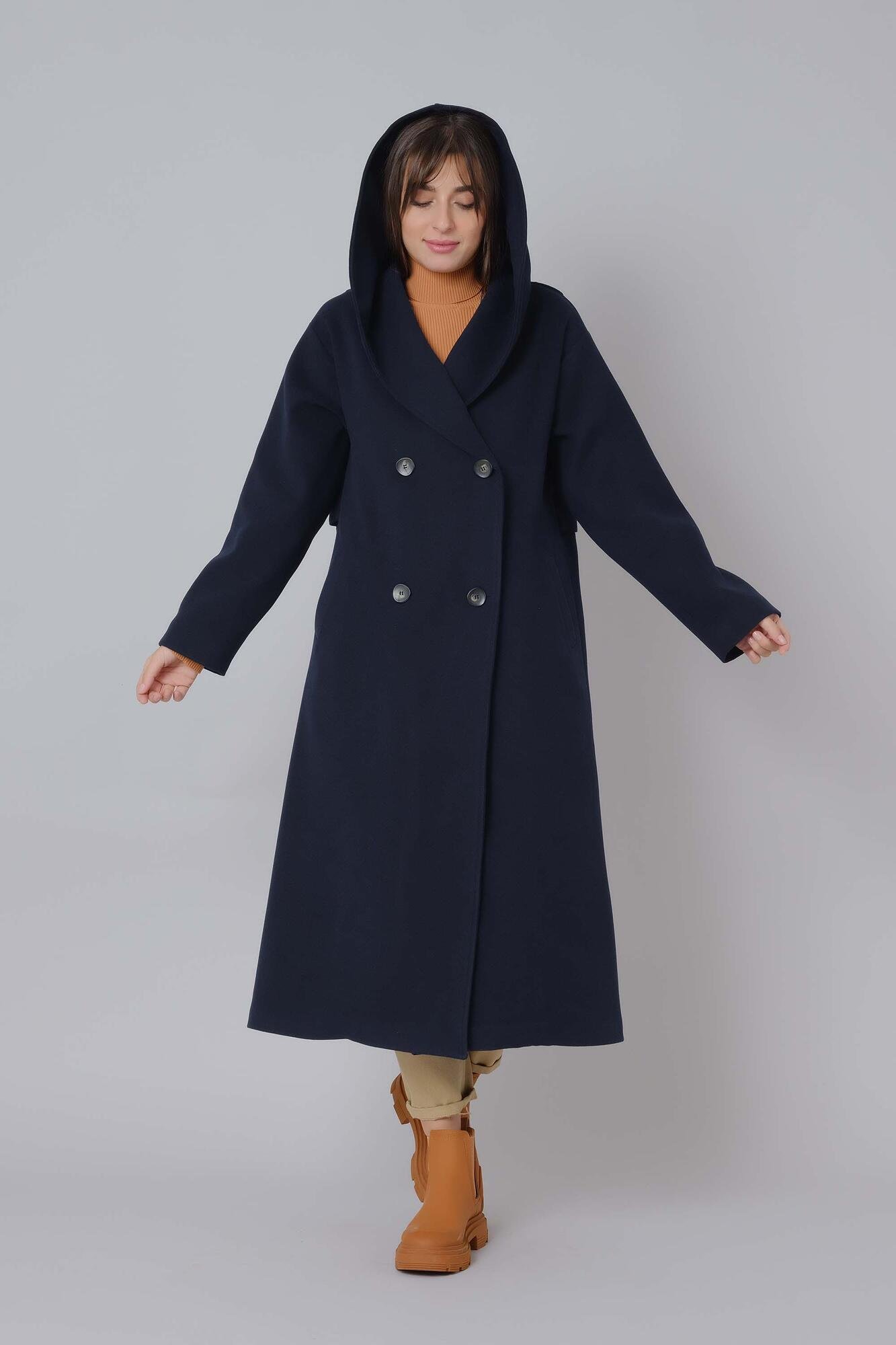 Fleece Coat With Hoodie Navy Blue 