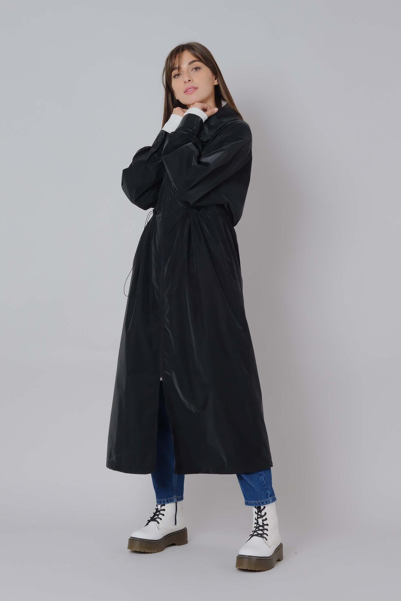 Gathered Collared Trench Coat Black 