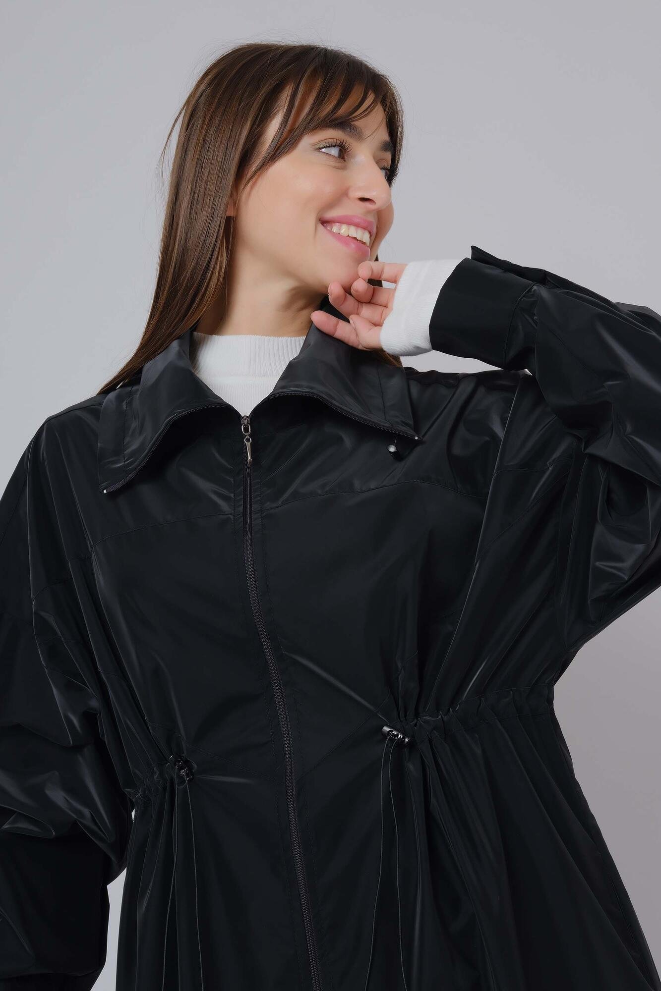 Gathered Collared Trench Coat Black 