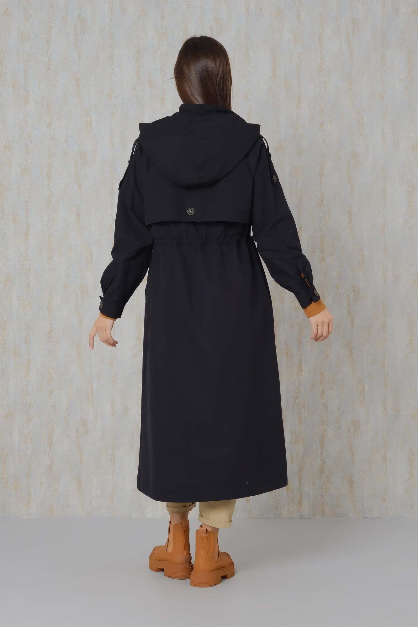 Reglan Sleeve Black Hooded Trench Coat