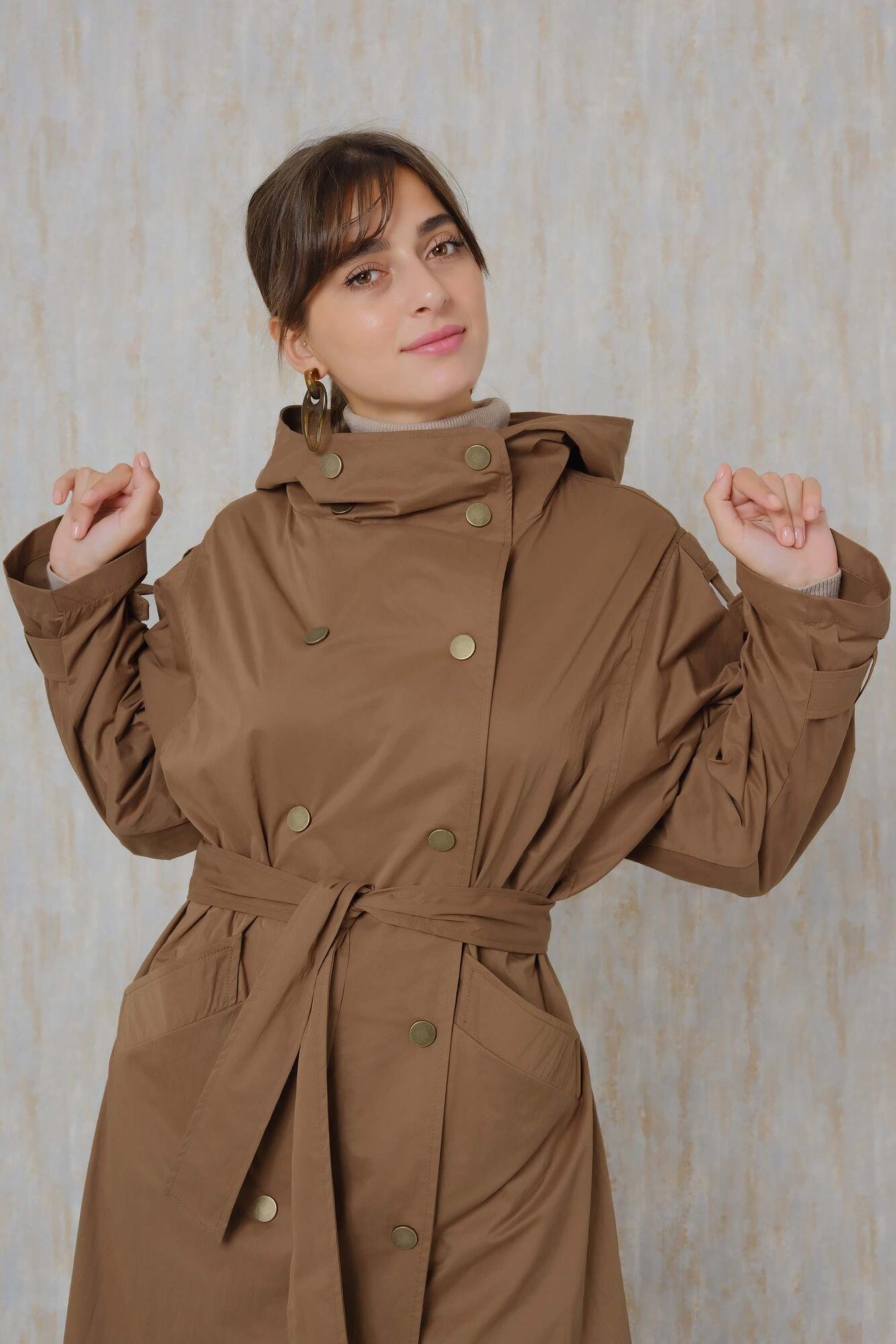 Hooded Long Trench Coat Mummy Brown 