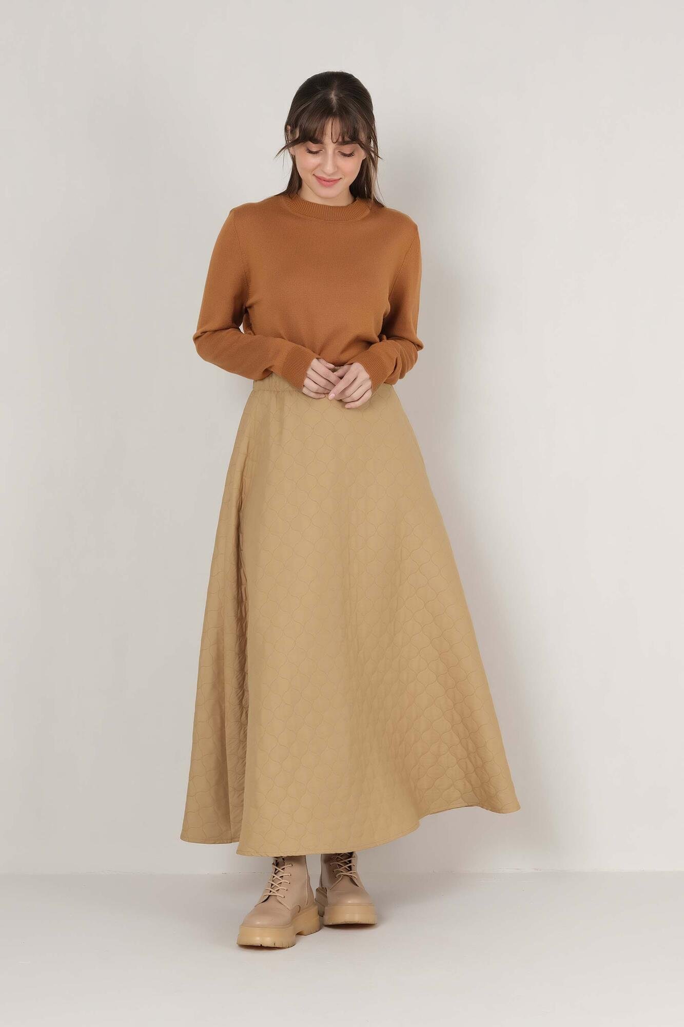 Quilted Detailed Flared Skirt Camel 