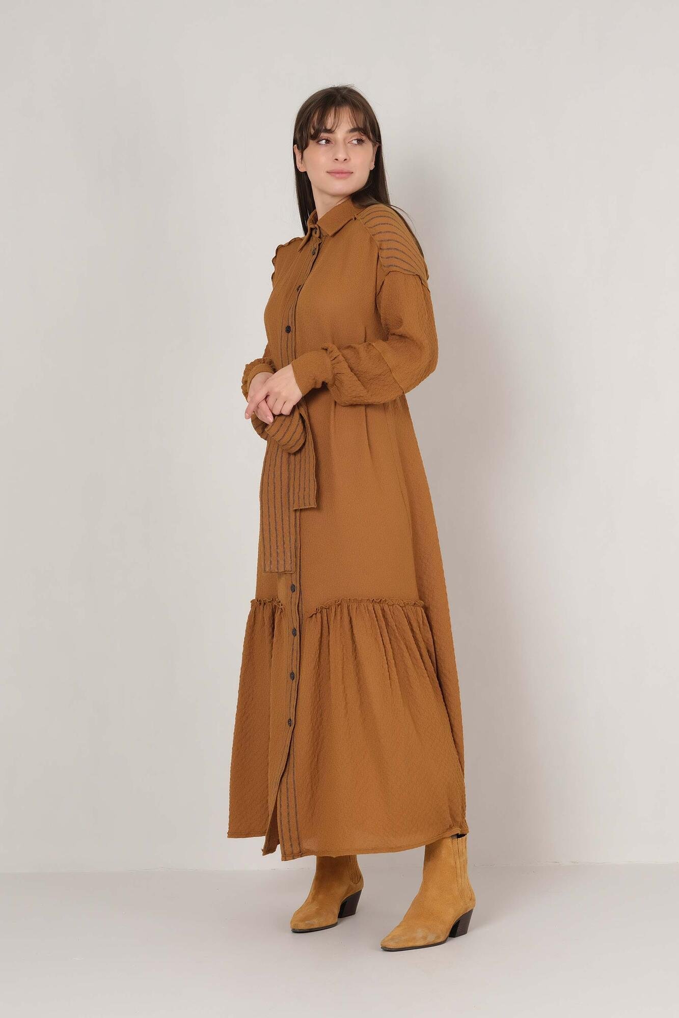 Striped Quilted Dress Mummy Brown 