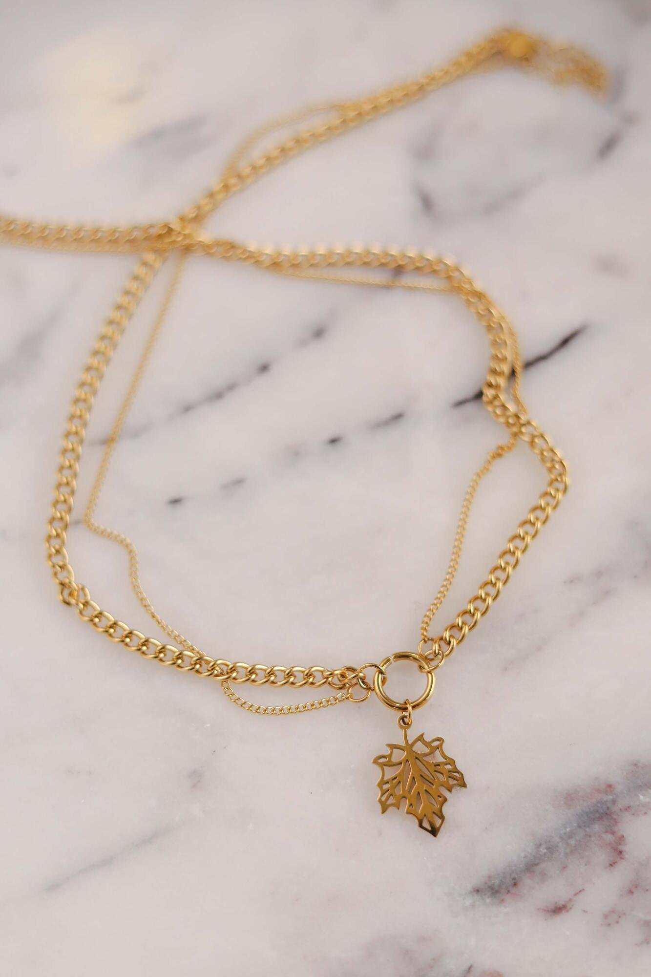 Leaf Pattern Double Chain Gold Necklace