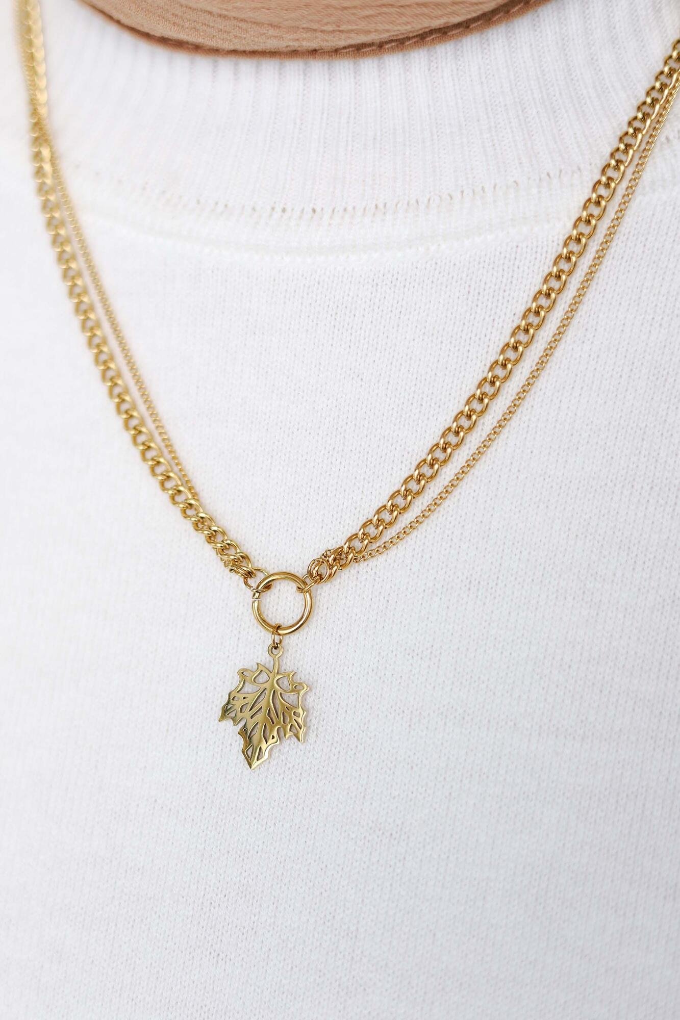 Leaf Pattern Double Chain Gold Necklace