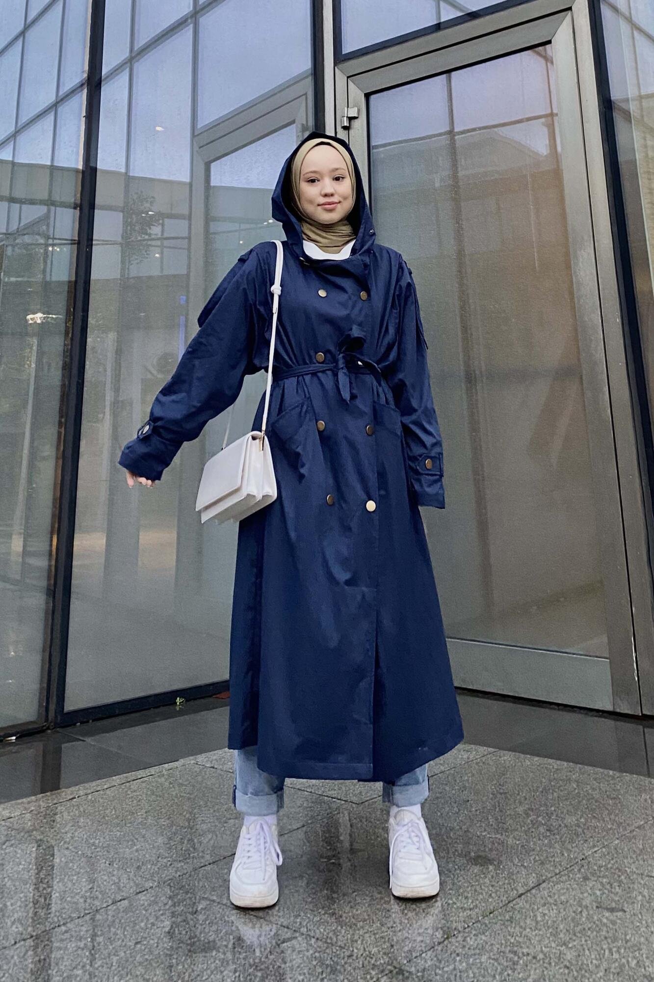 Hooded Long Trench Coat Navy Blue 
