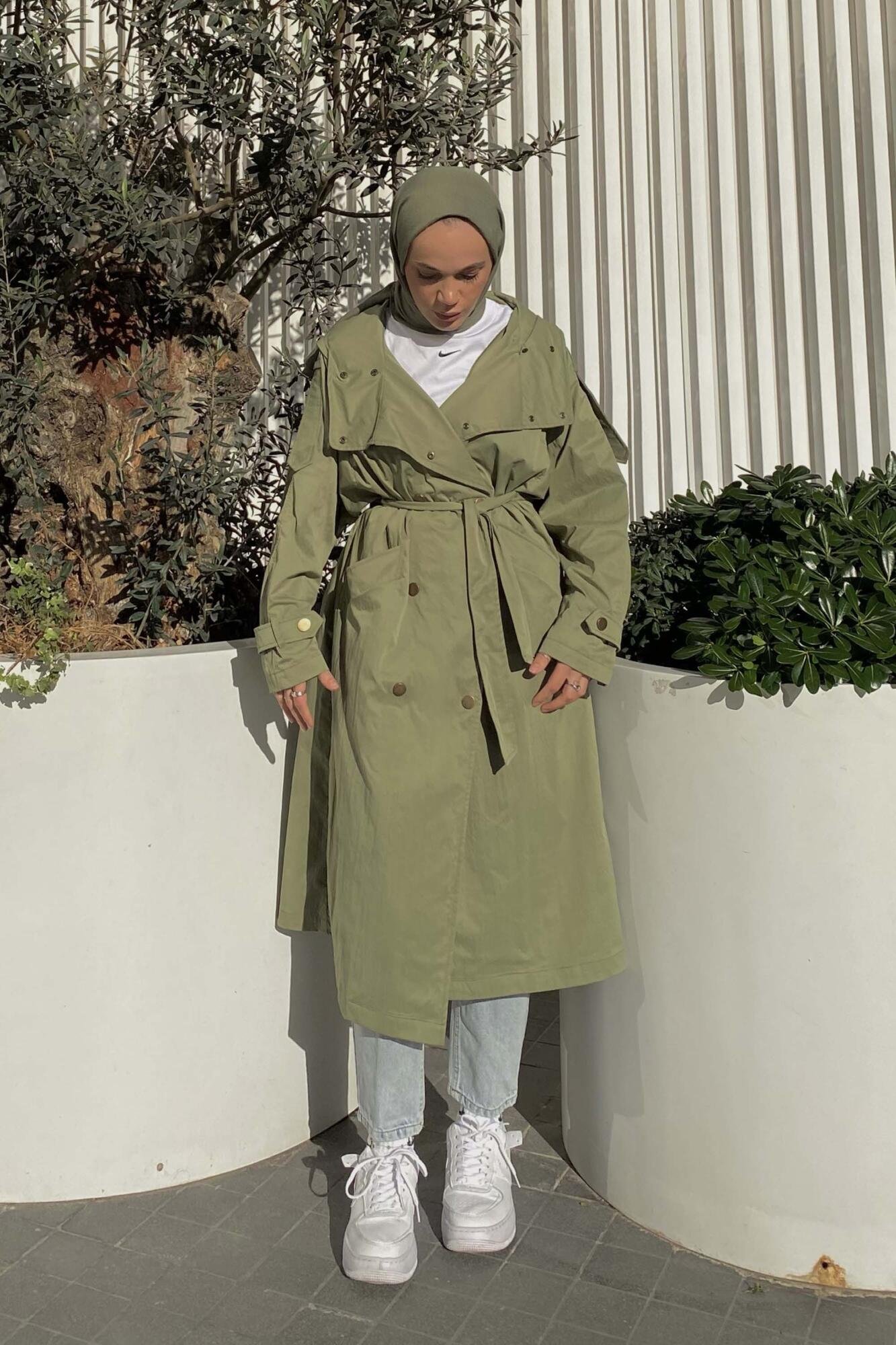 Hooded Long Trench Coat Green 