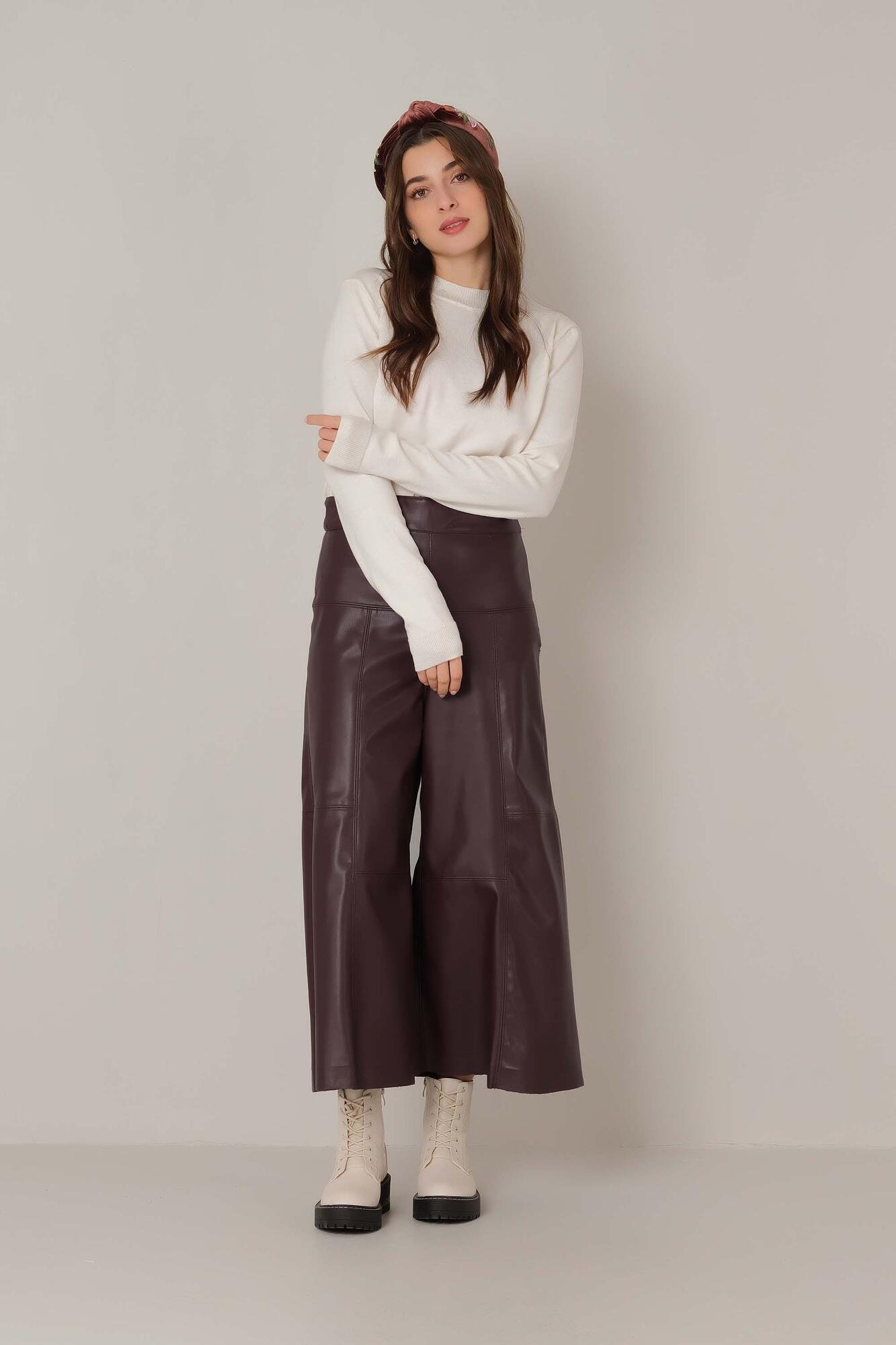 Leather Wide Leg Trouser Claret Red 