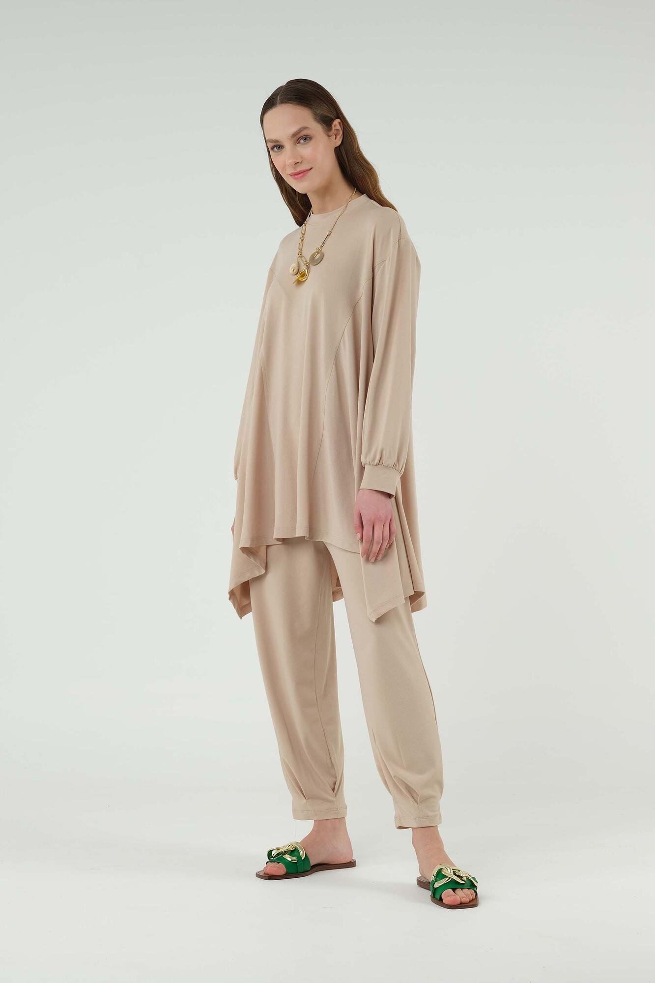 Pleat Detailed Woven Trousers Sand Beige