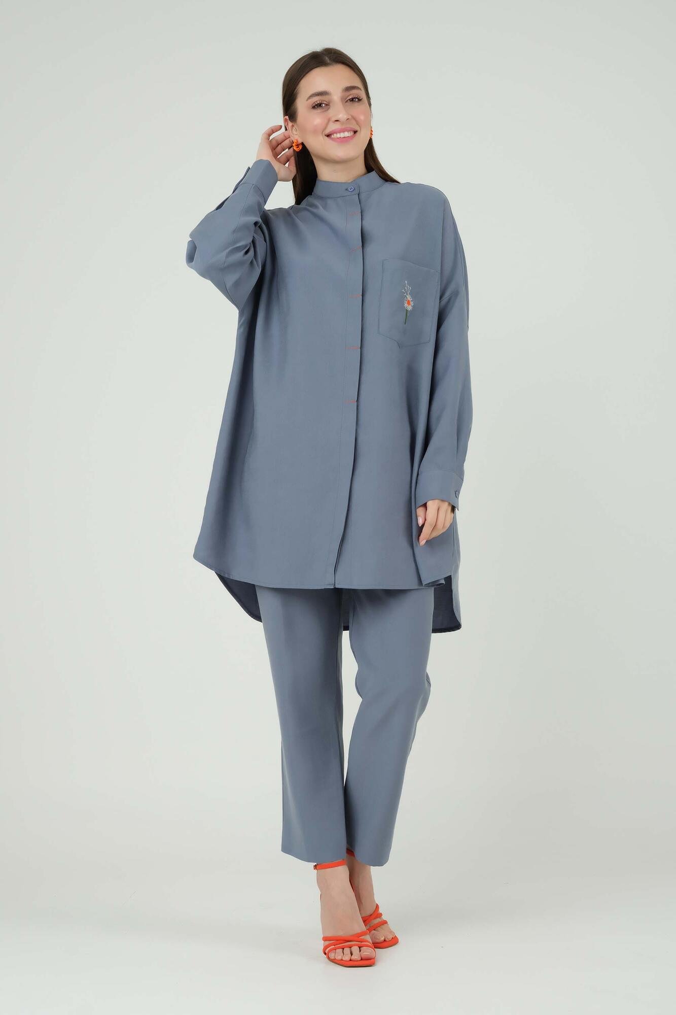 Broidery Detailed Tencel Tunic Jean Blue 
