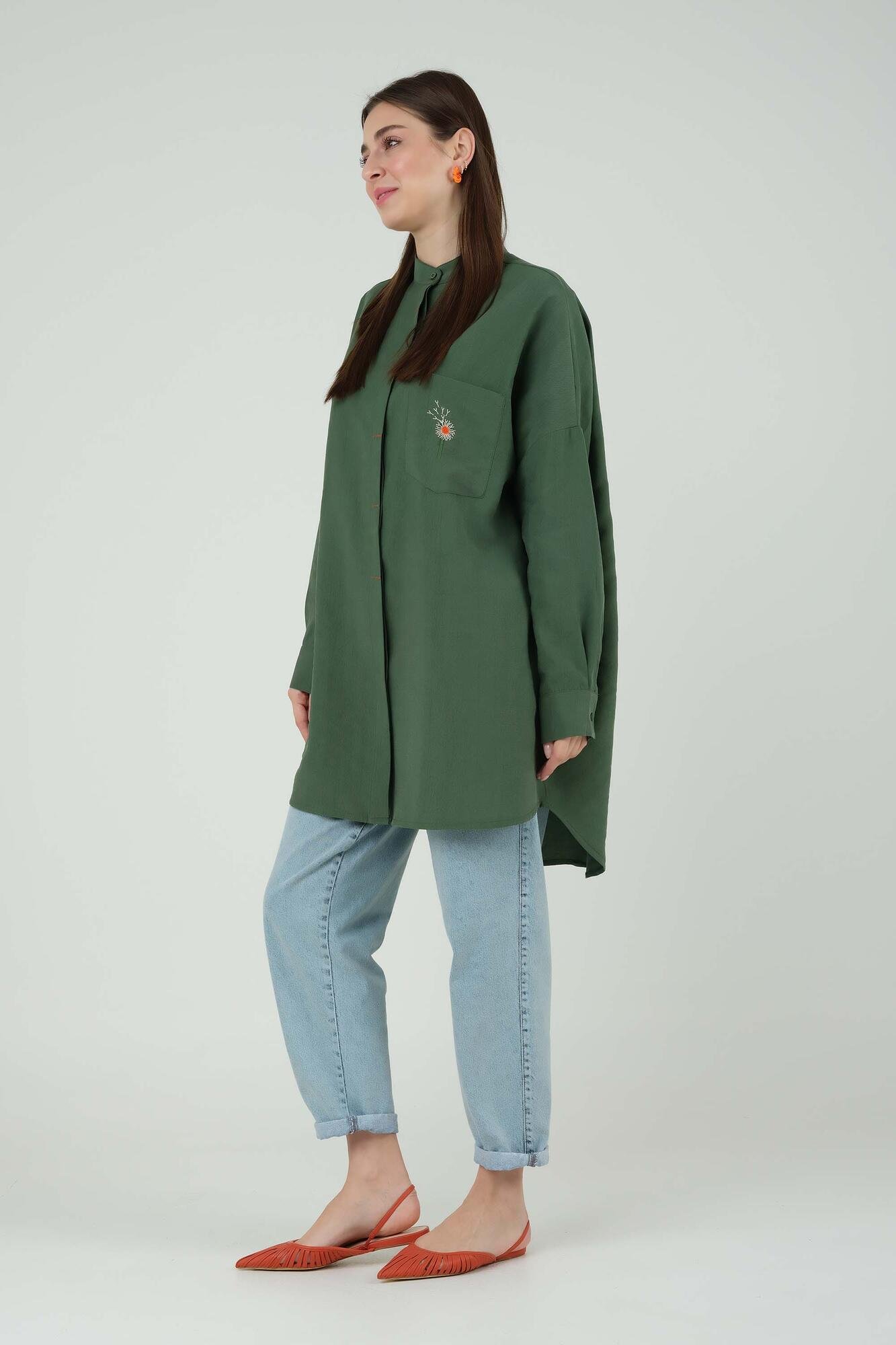 Broidery Detailed Tencel Tunic Green 
