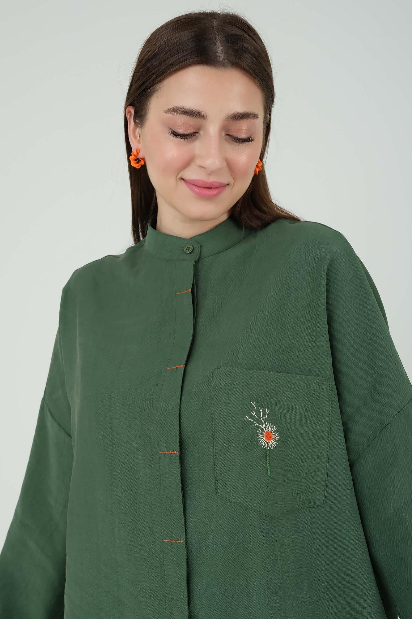 Broidery Detailed Tencel Tunic Green 