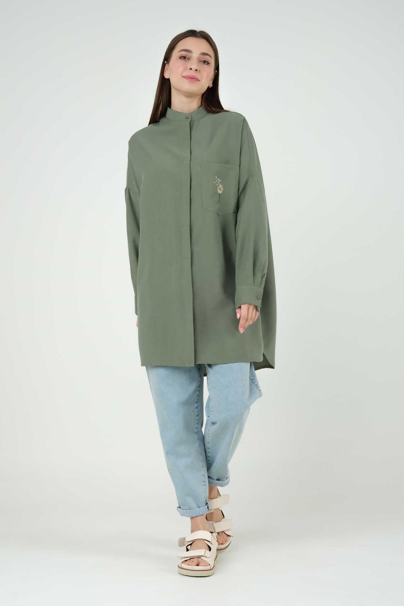 Broidery Detailed Tencel Tunic Almond Green 