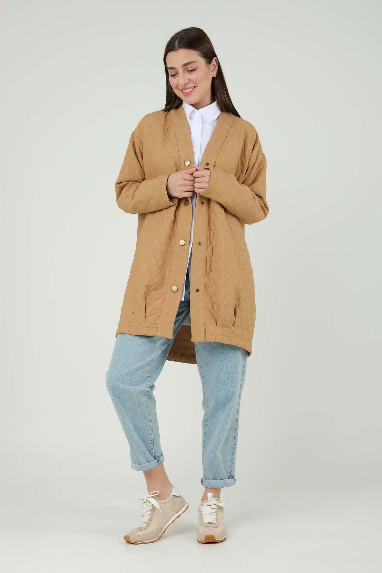 Pleated Skirt Hem Quilted Jacket Camel