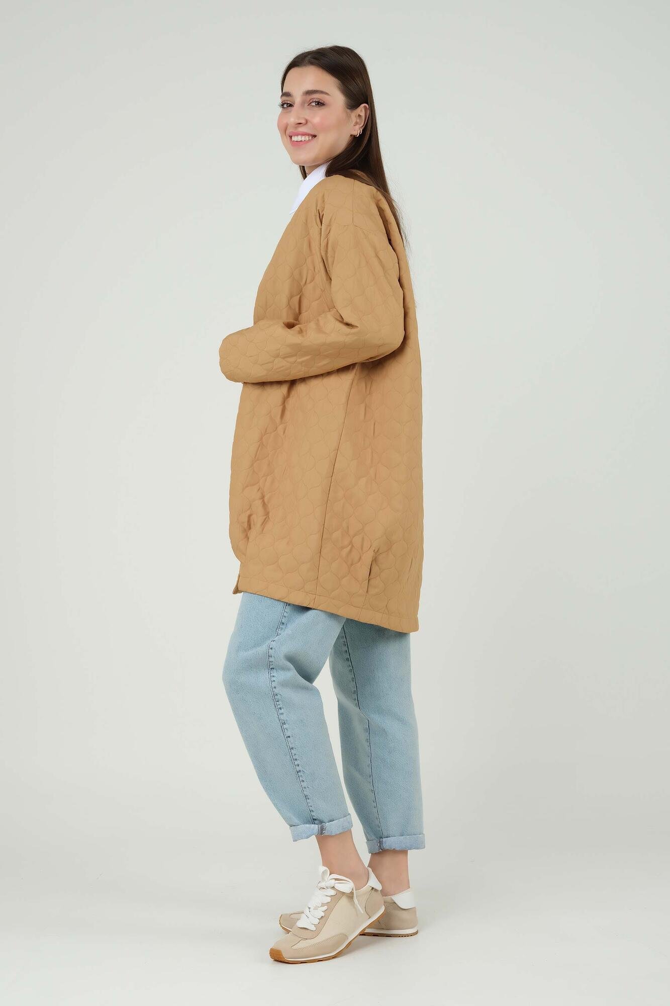 Pleated Skirt Hem Quilted Jacket Camel