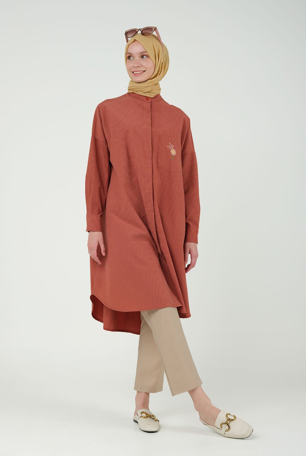 Broidery Detailed Long Tunic Brick-Red