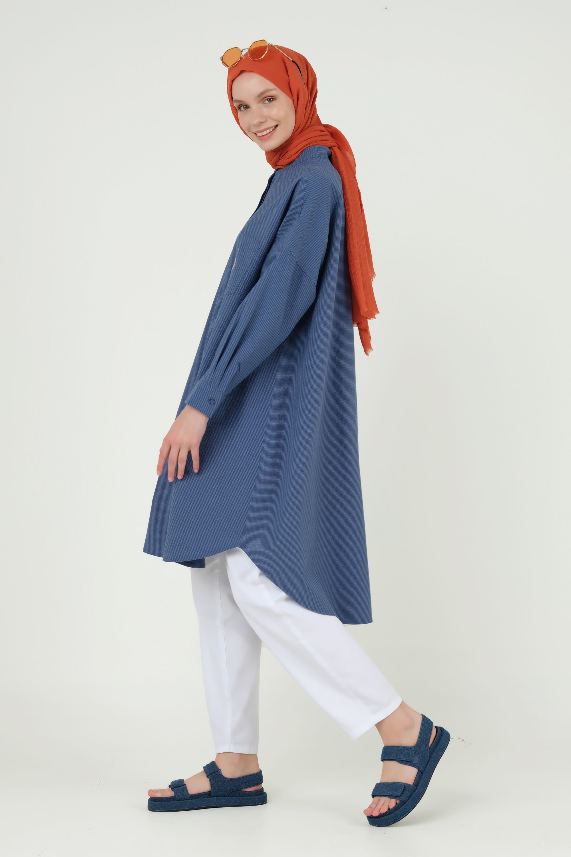 Broidery Detailed Long Tunic Blue