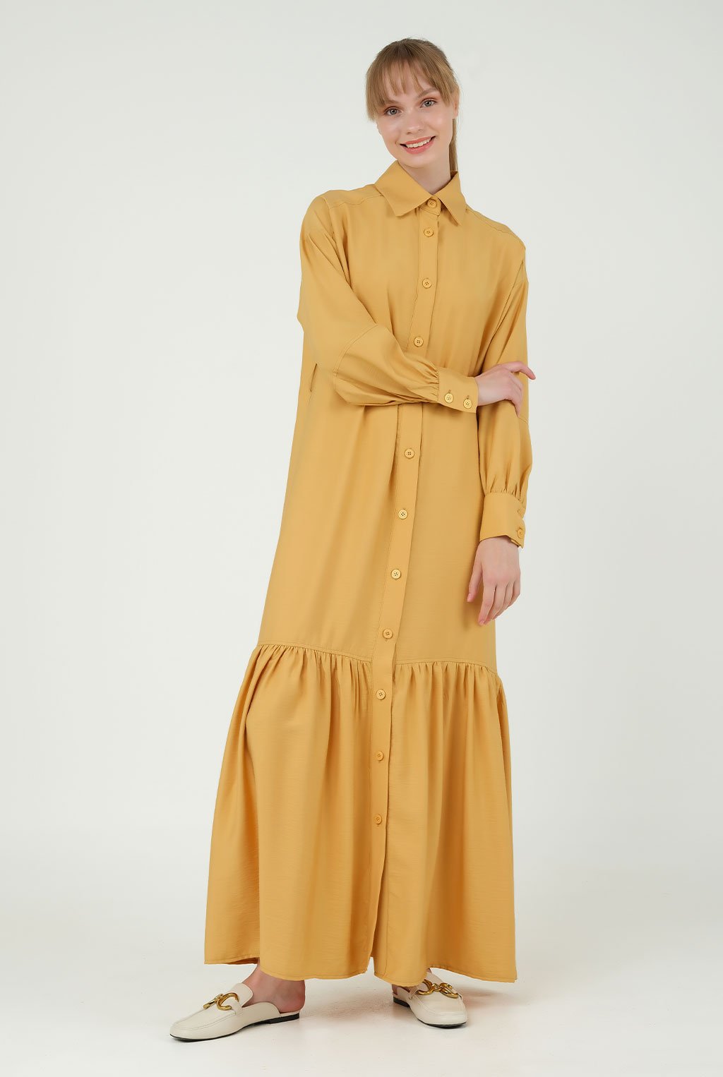 Dress With Gathered Skirt Mustard 