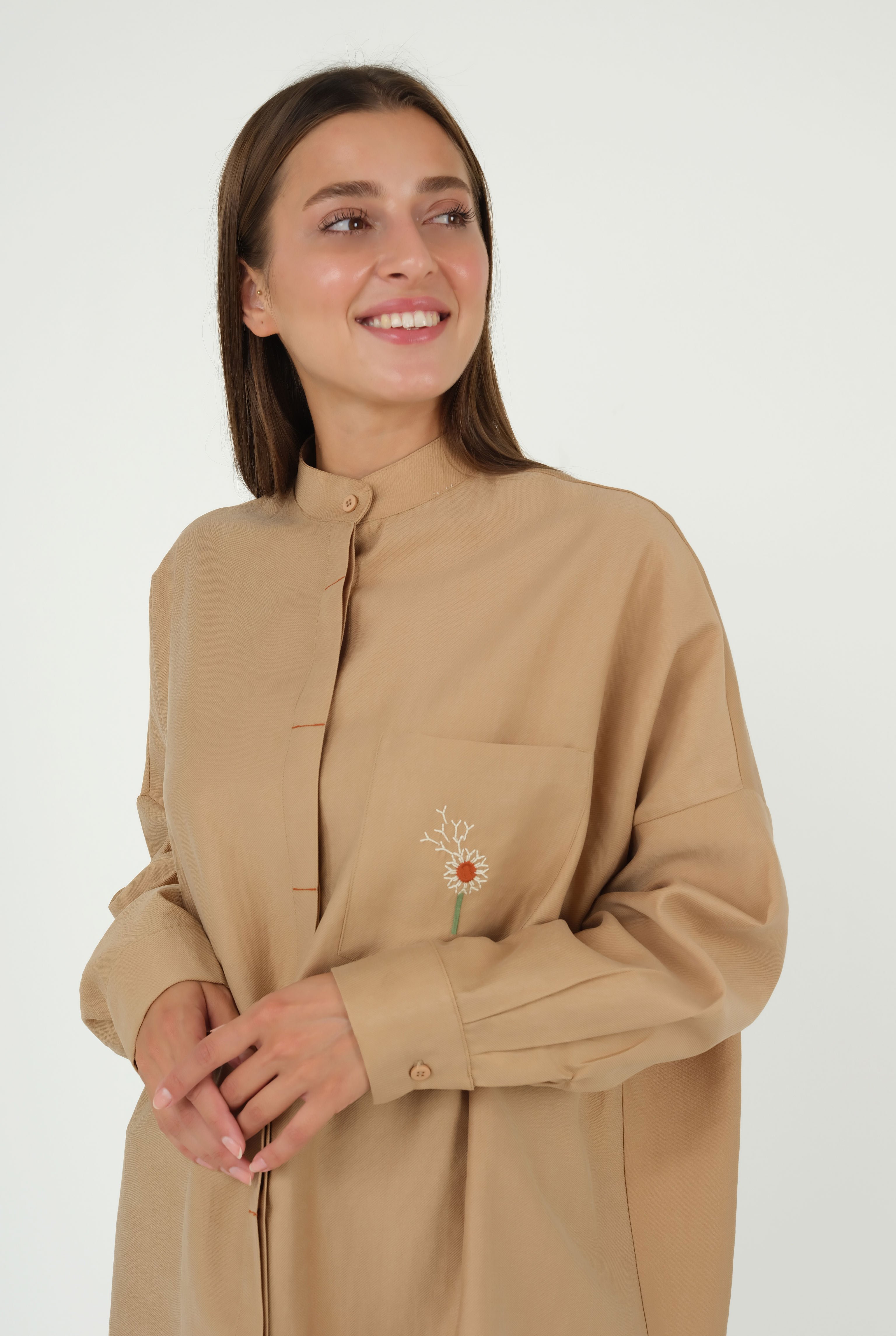Broidery Detailed Tencel Tunic Camel 