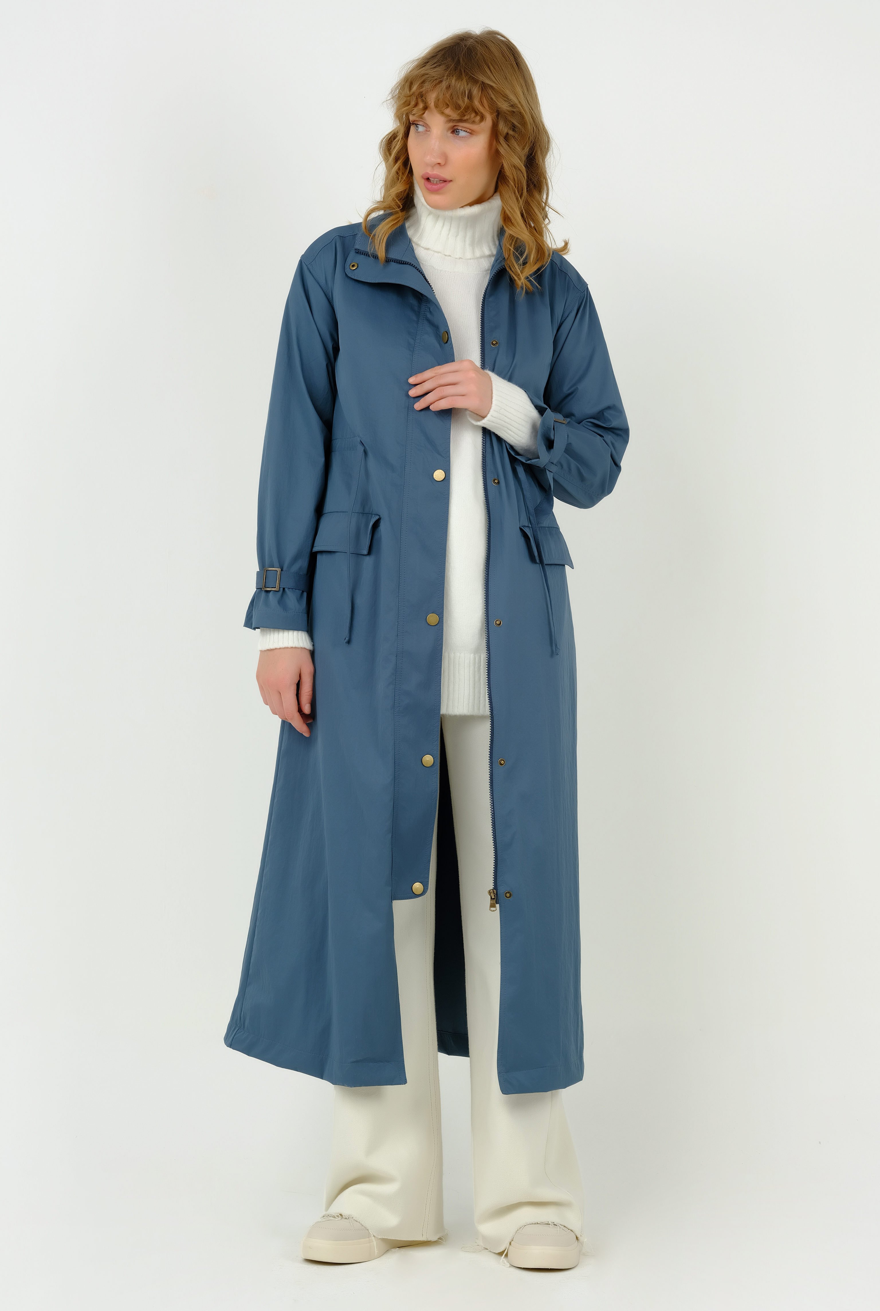 Tunnel Detailed Trench Coat Blue 