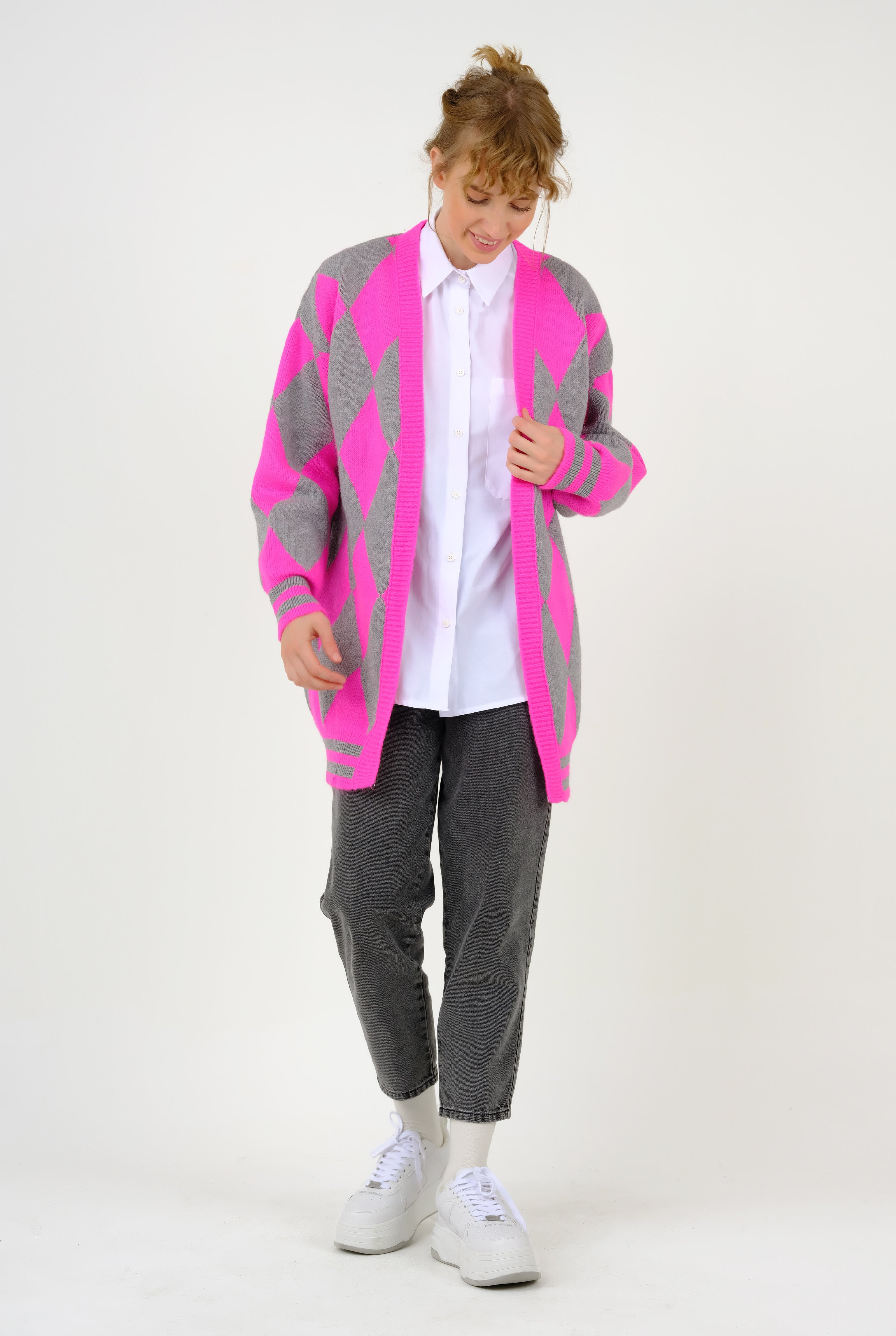 Baklawa Patterned Cardigan Gray-Pink 