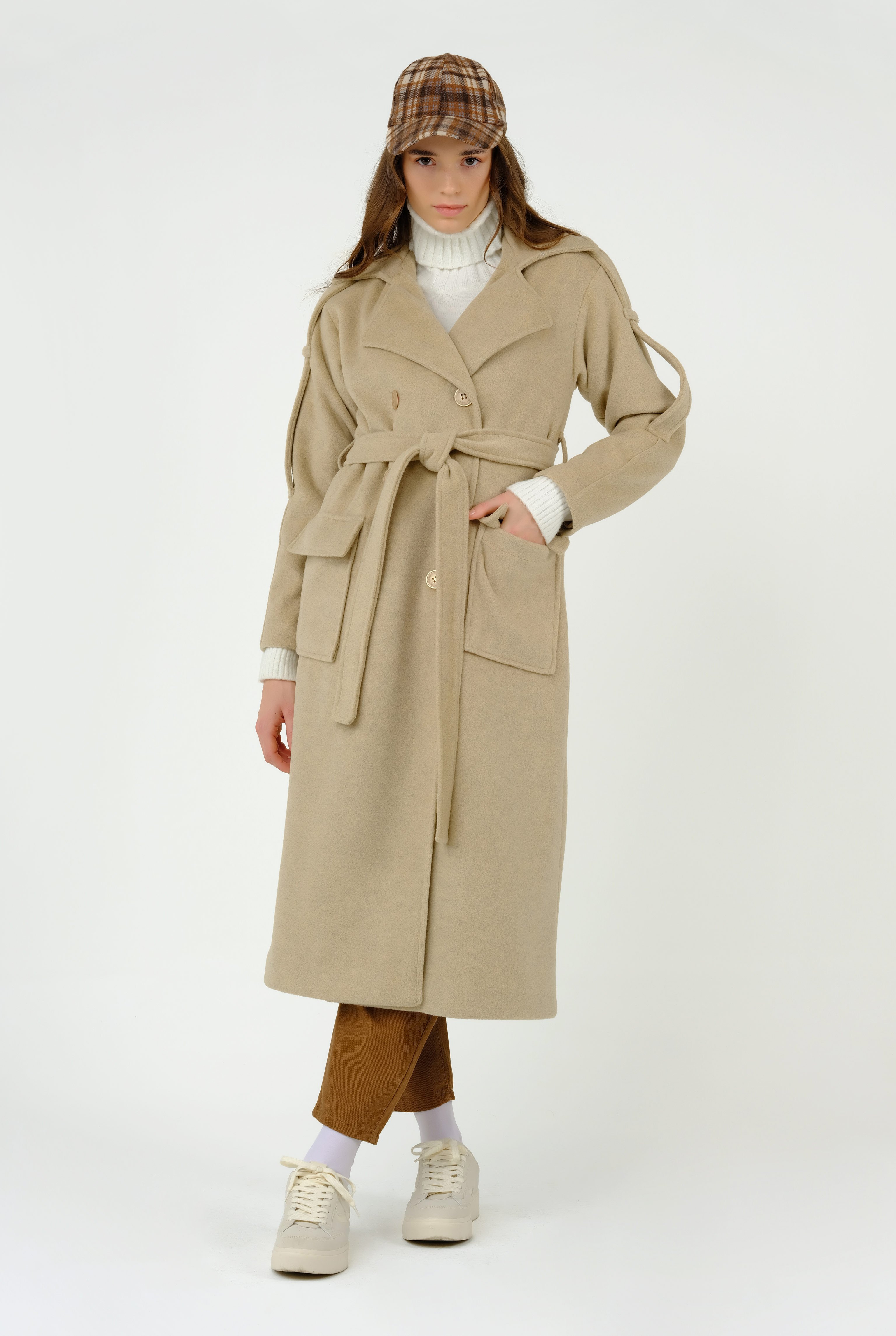 Fleece Coat With Epaulet Beige