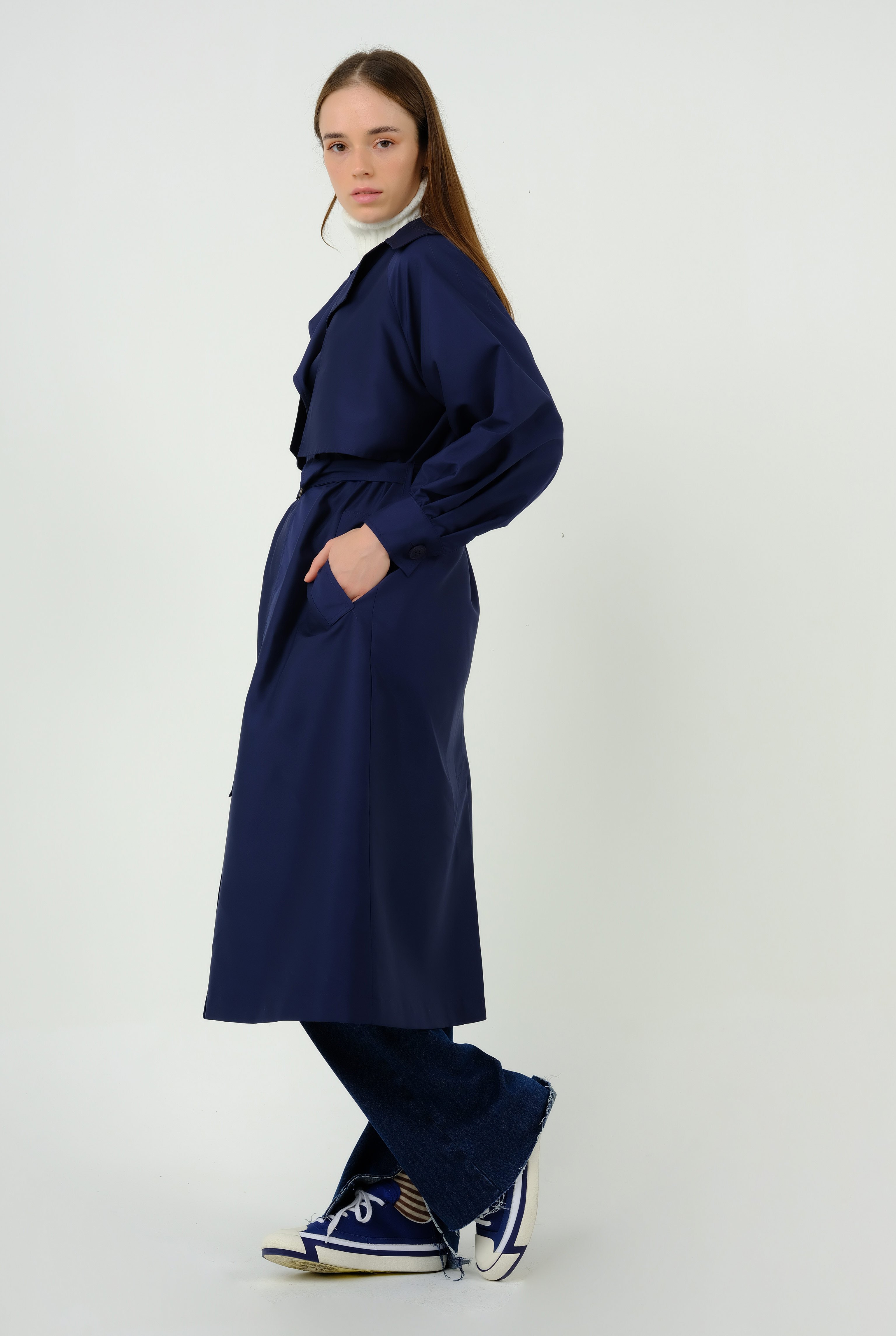 Thick Placket Trench Coat Navy Blue 