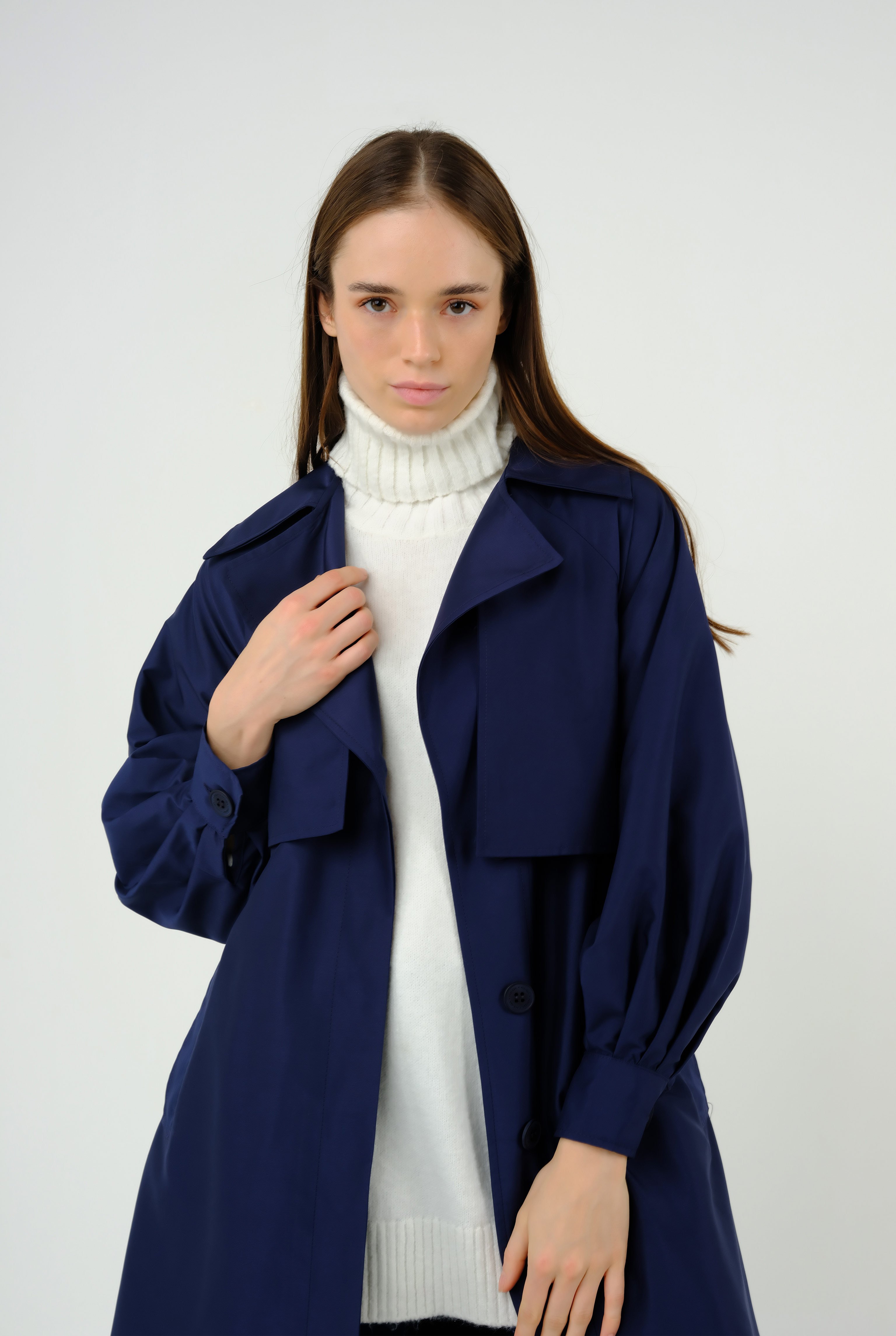 Thick Placket Trench Coat Navy Blue 