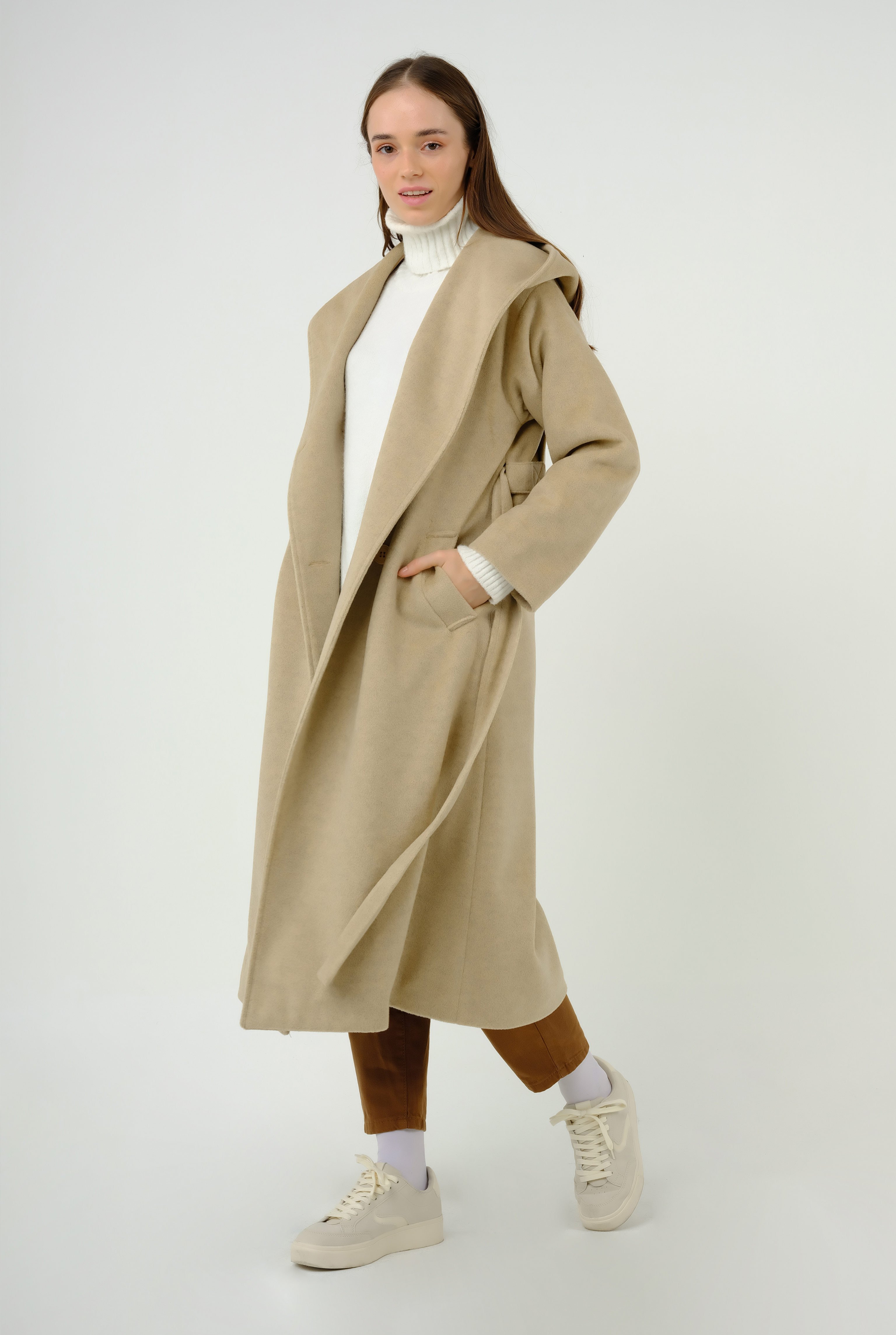 Hooded Fleece Coat Beige