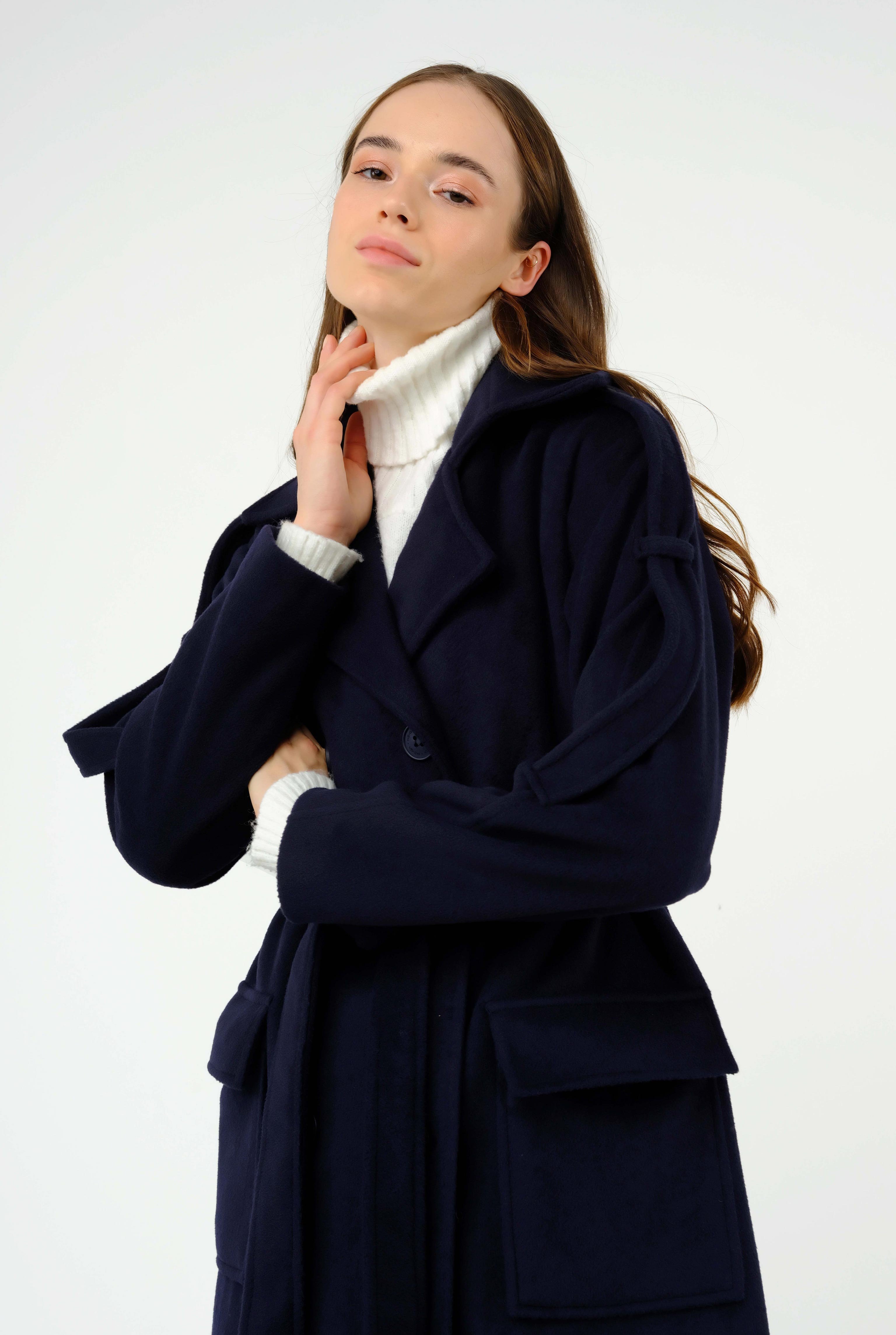 Fleece Coat With Epaulet Navy Blue 