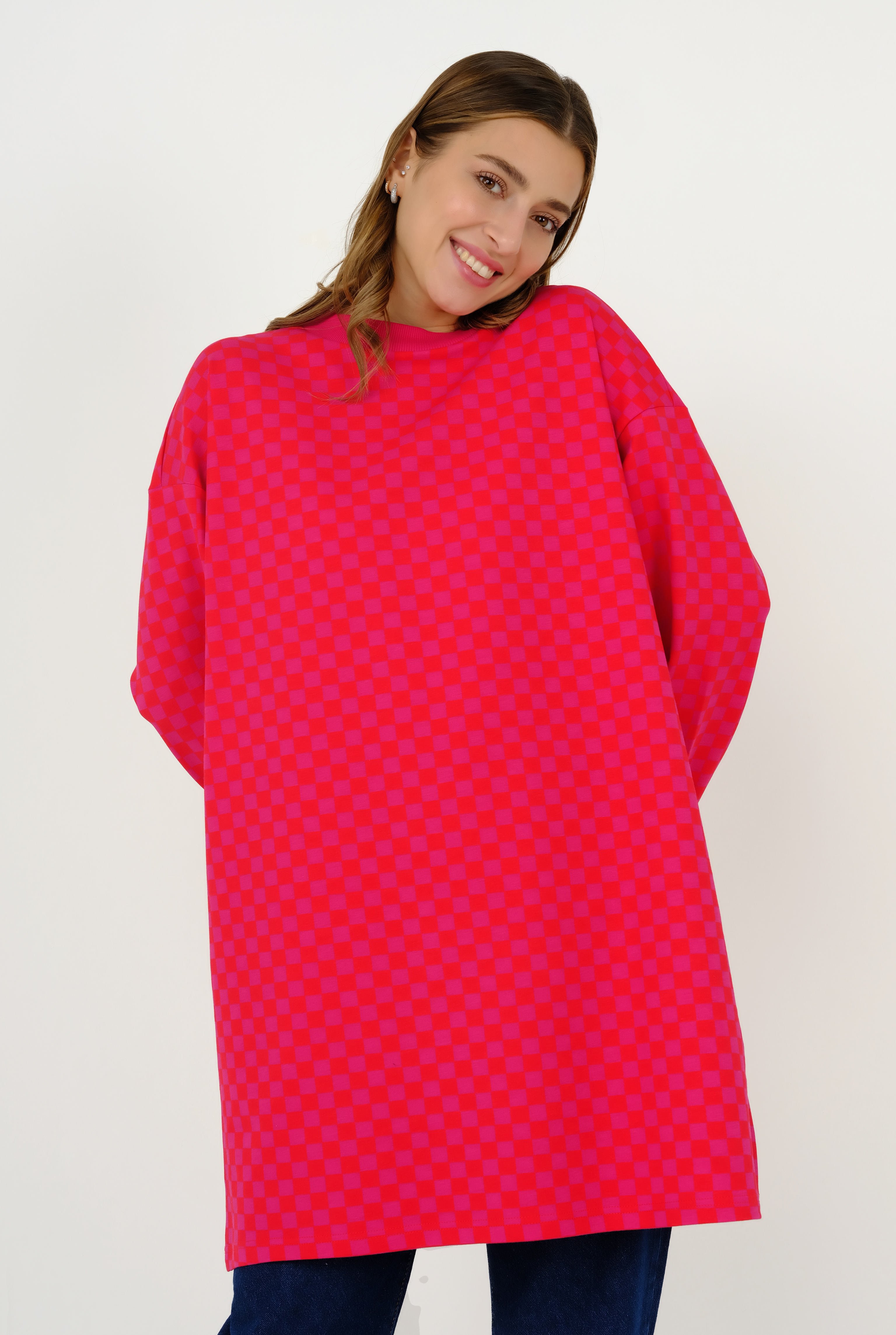 Tattersalled Sweat Long Pink-Red