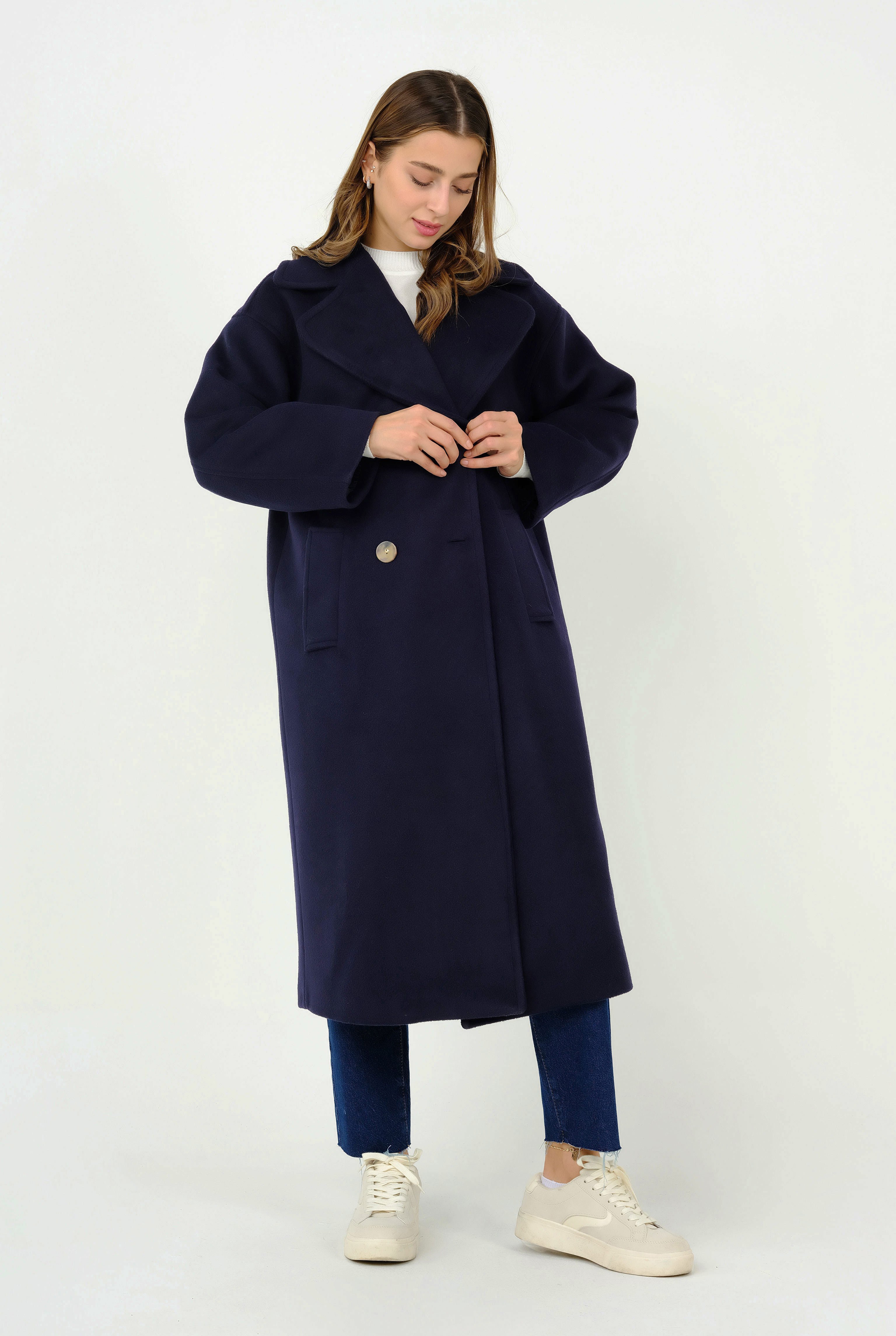 Fleece Coat With Envelope Buttons Navy Blue 