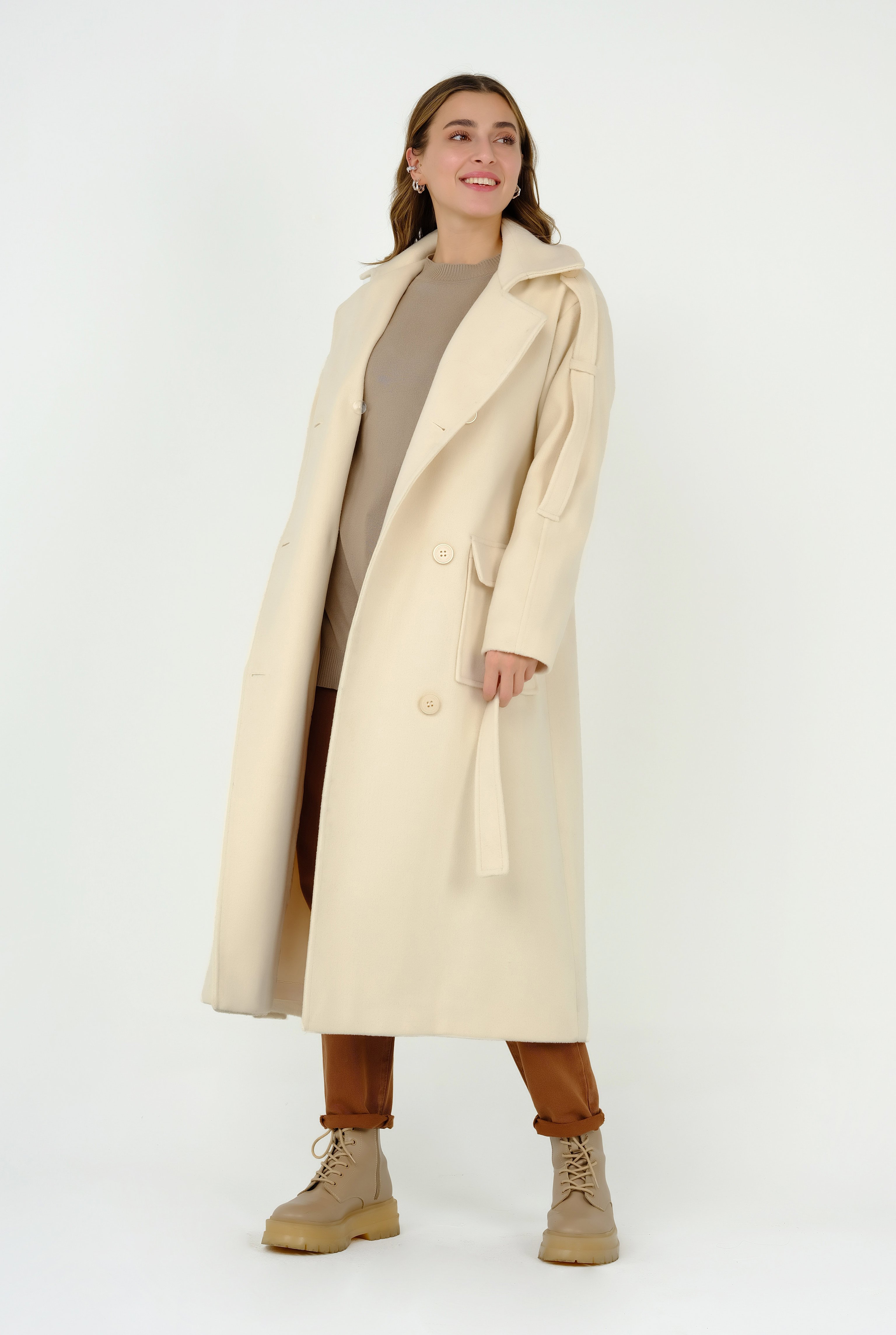Fleece Coat With Epaulet Ecru 