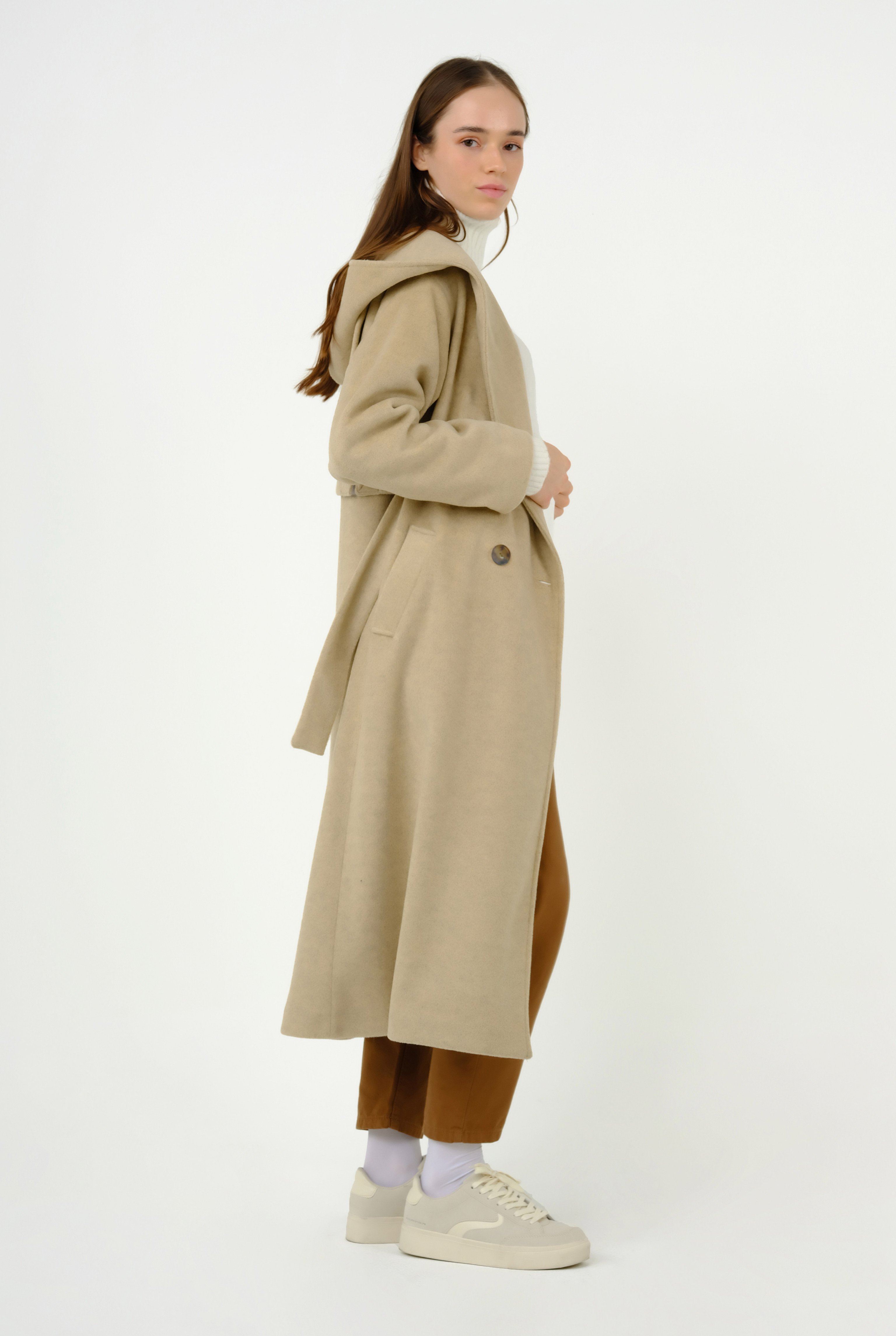 Hooded Fleece Coat Beige